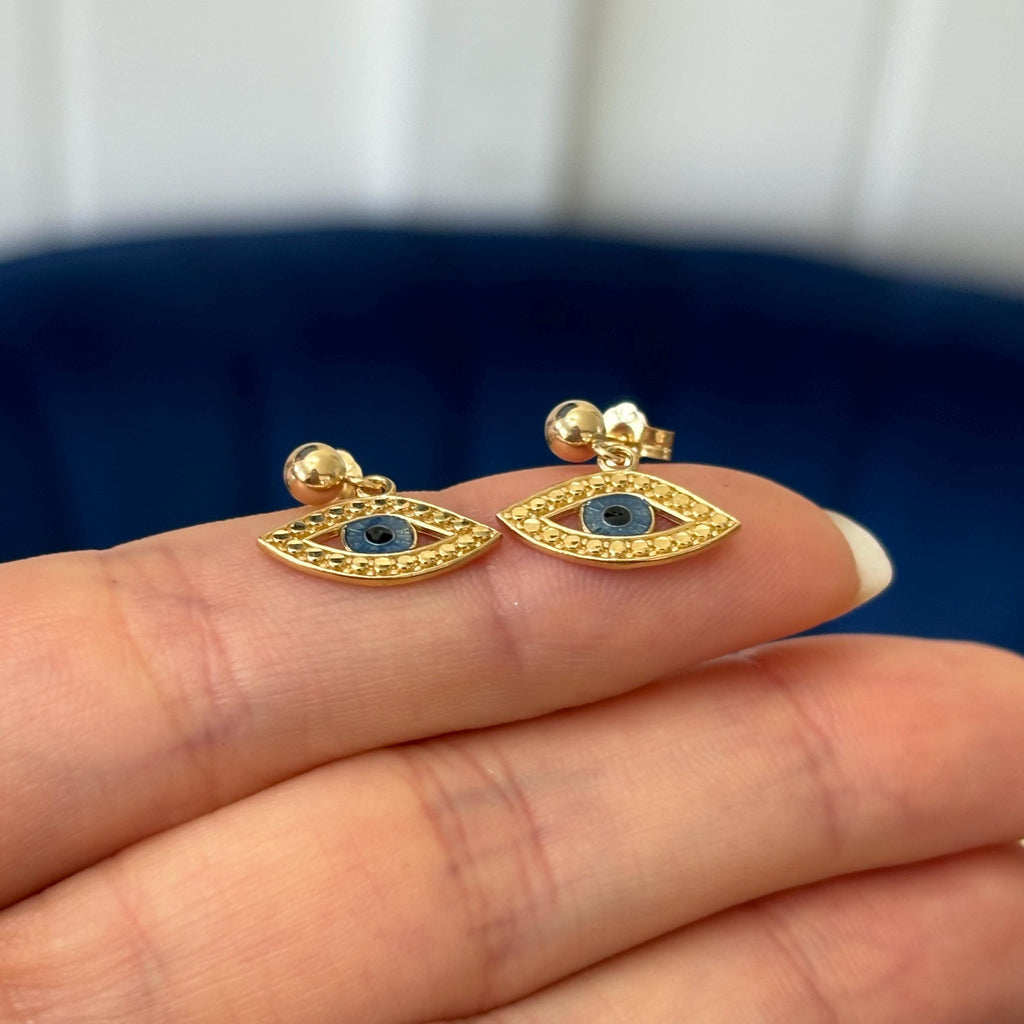 14k Gold Diamond-cut Blue and Black Enameled Evil Eye Protection Dangle Earrings