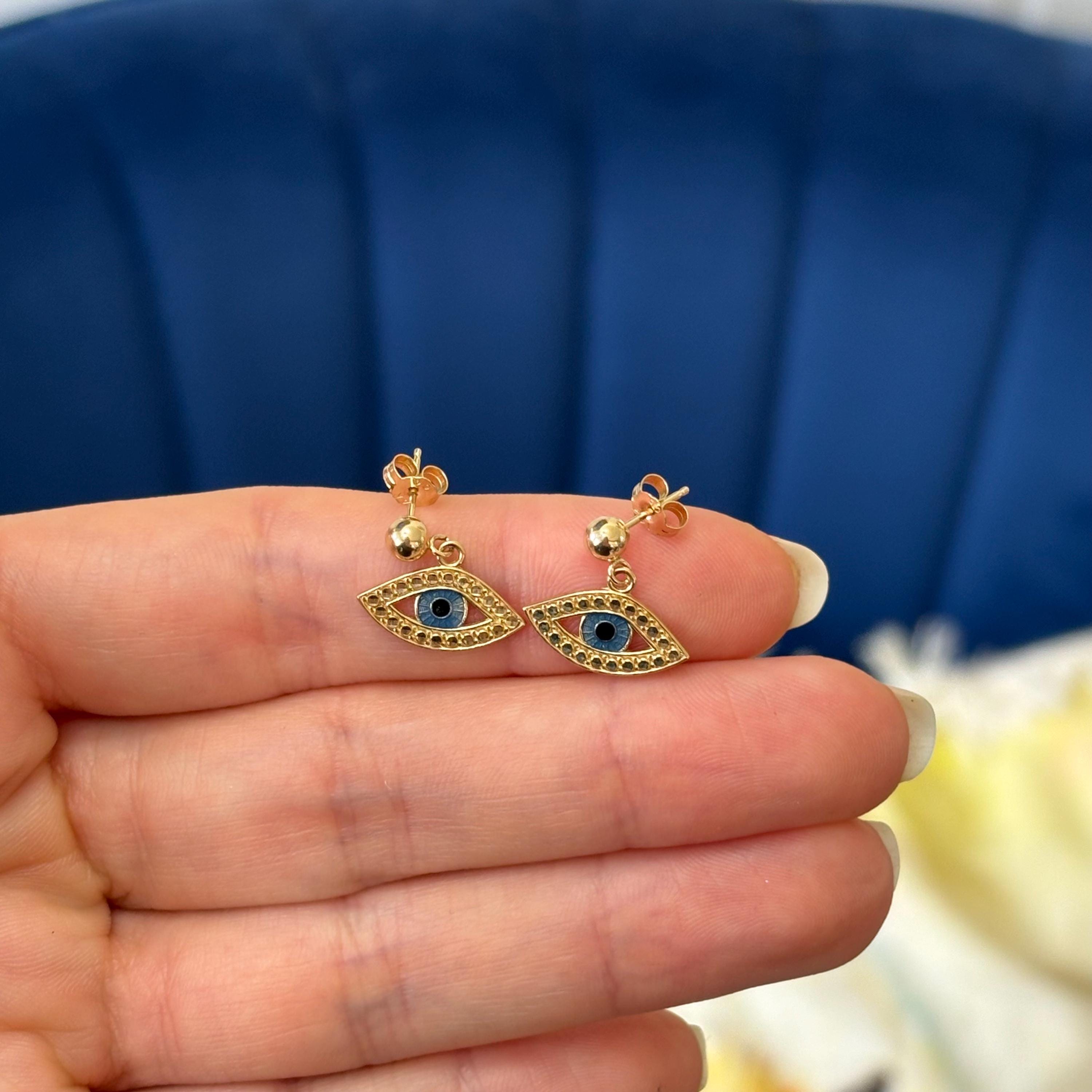 14k Gold Diamond-cut Blue and Black Enameled Evil Eye Protection Dangle Earrings