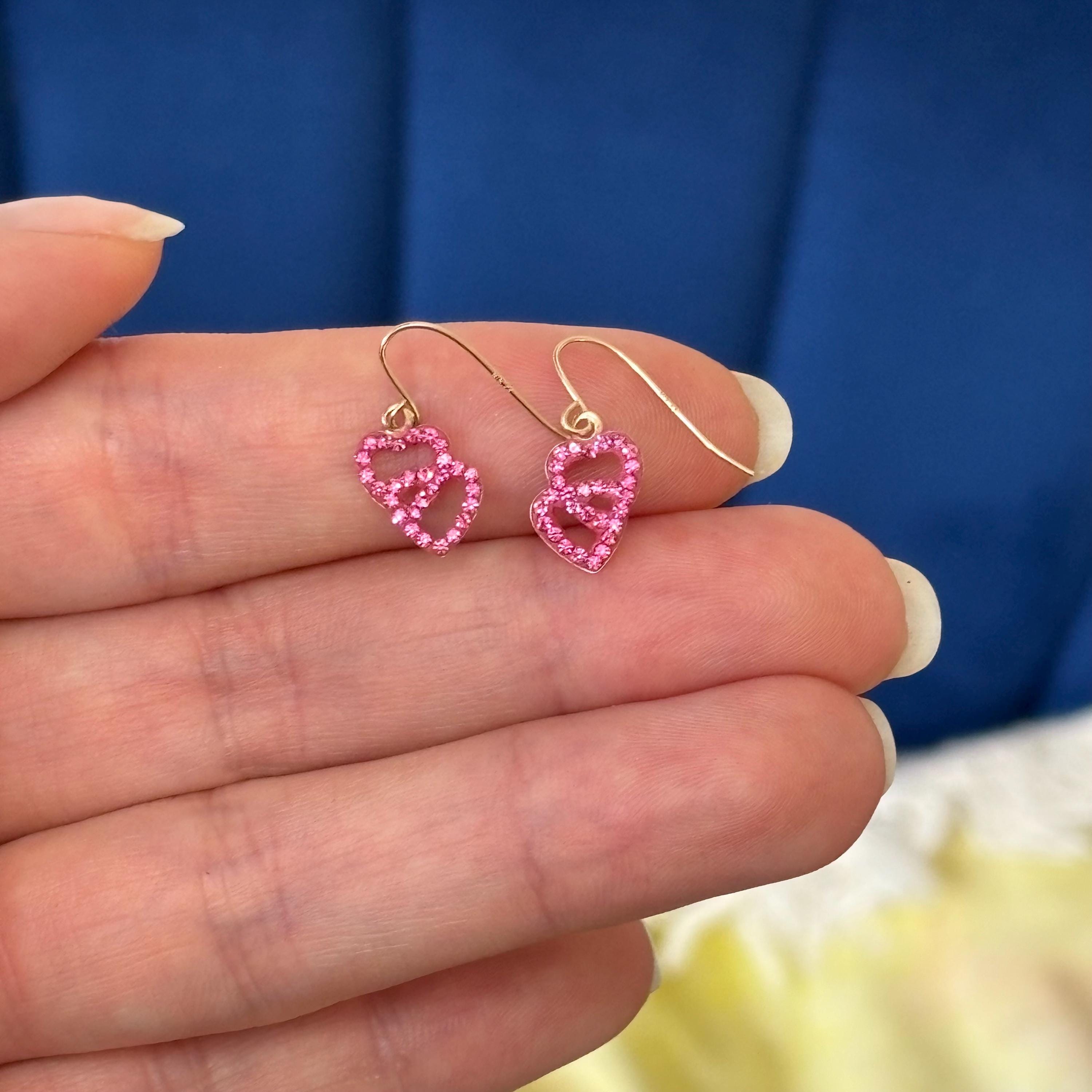 10k Gold Pink Double Heart with Pink Crystals Dangle Earrings