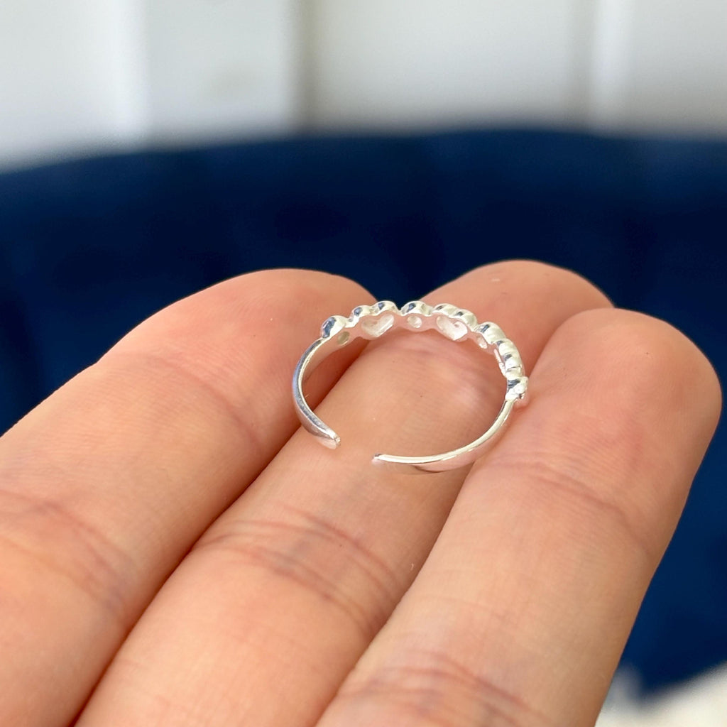 Sterling Silver Thin Dainty Hearts with Silver Beads Open Band Toe Ring