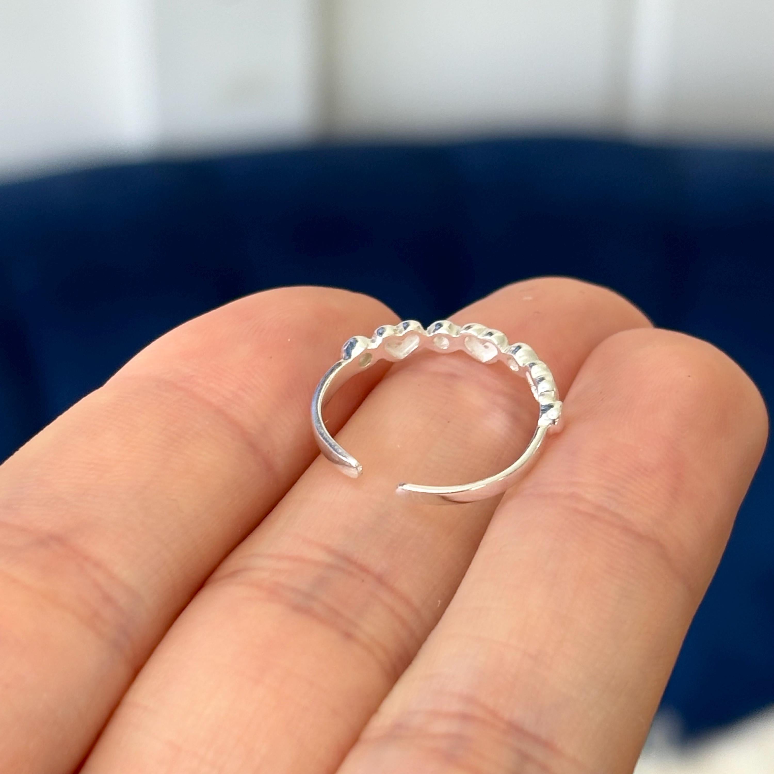 Sterling Silver Thin Dainty Hearts with Silver Beads Open Band Toe Ring