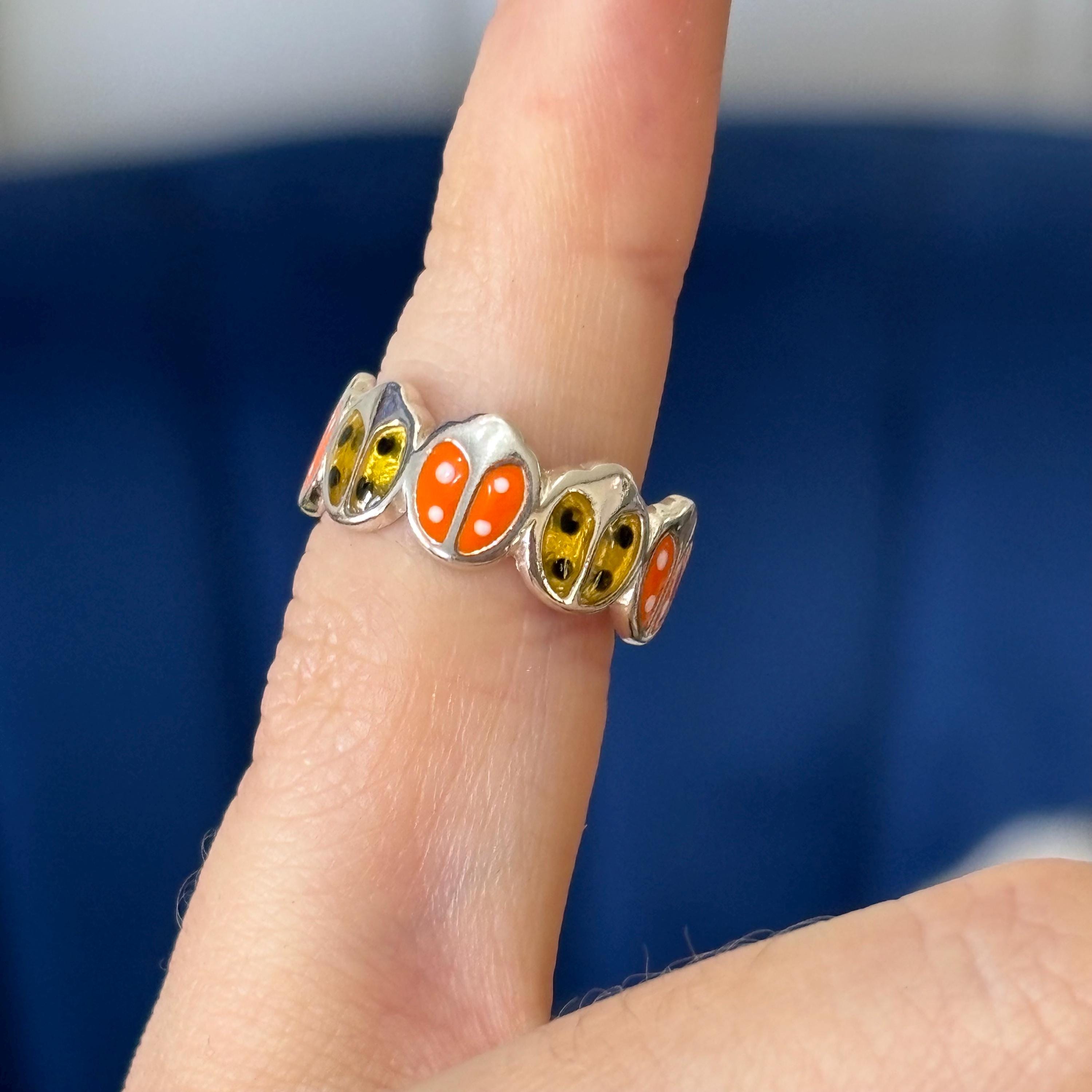 Sterling Silver Orange and Yellow Enameled Lady Bug Open Band Toe Ring
