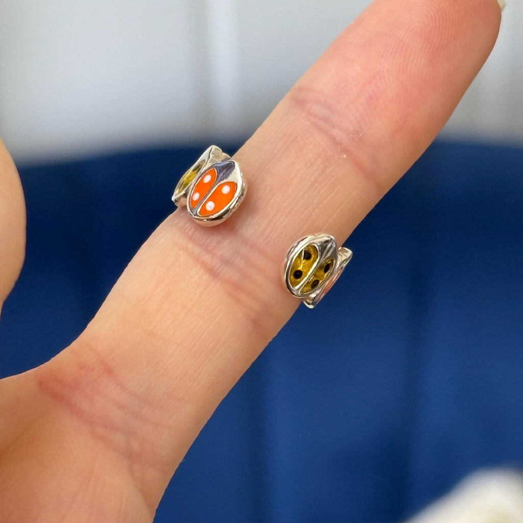 Sterling Silver Orange and Yellow Enameled Lady Bug Open Band Toe Ring