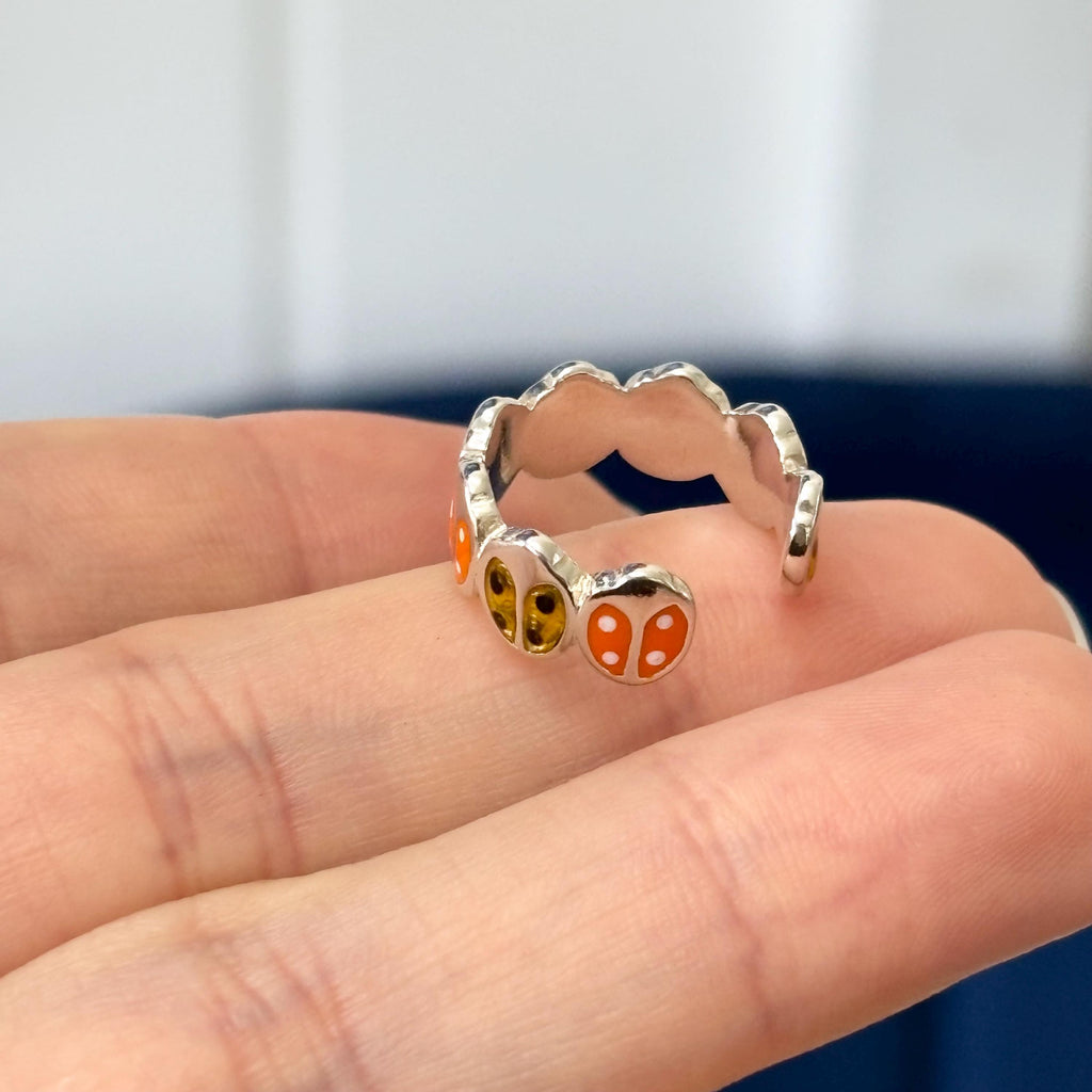 Sterling Silver Orange and Yellow Enameled Lady Bug Open Band Toe Ring