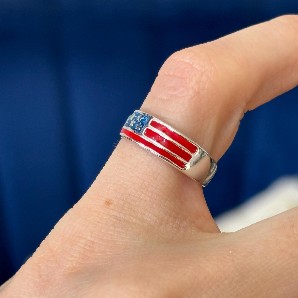 Sterling Silver Enameled Patriotic American Flag Open Band Toe Ring