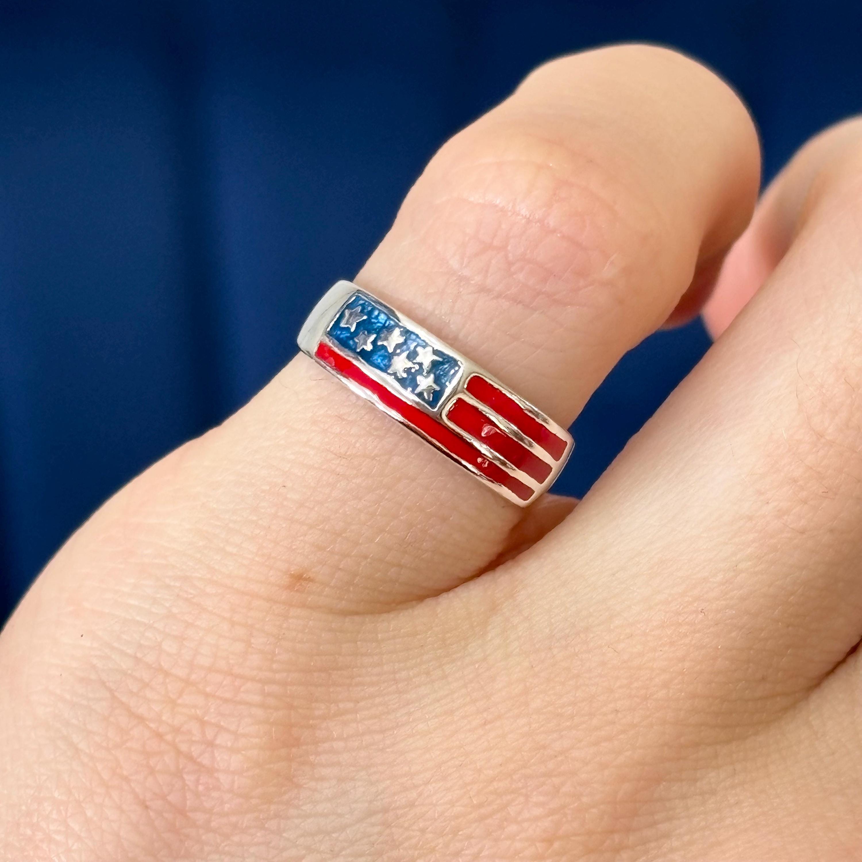 Sterling Silver Enameled Patriotic American Flag Open Band Toe Ring