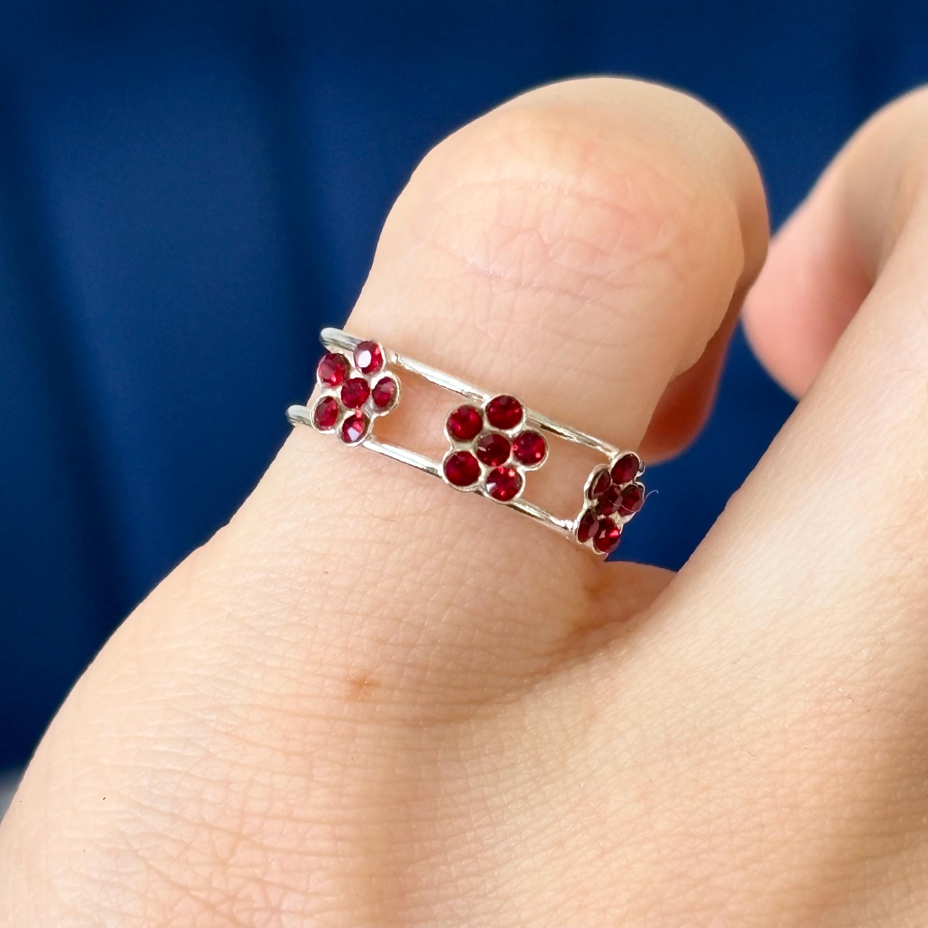 Sterling Silver Red Crystal Floral Open Band Toe Ring