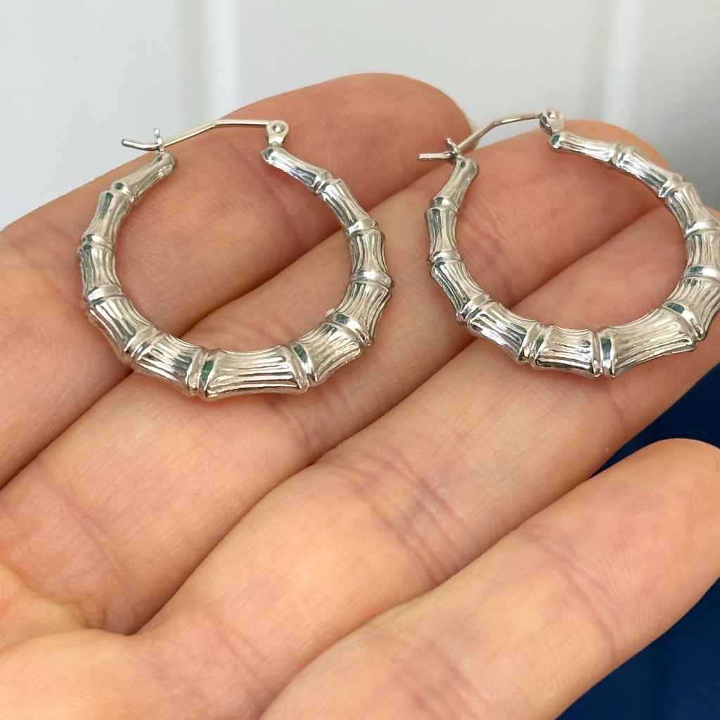 Sterling Silver Rhodium-plated Bamboo Round Hoop Earrings