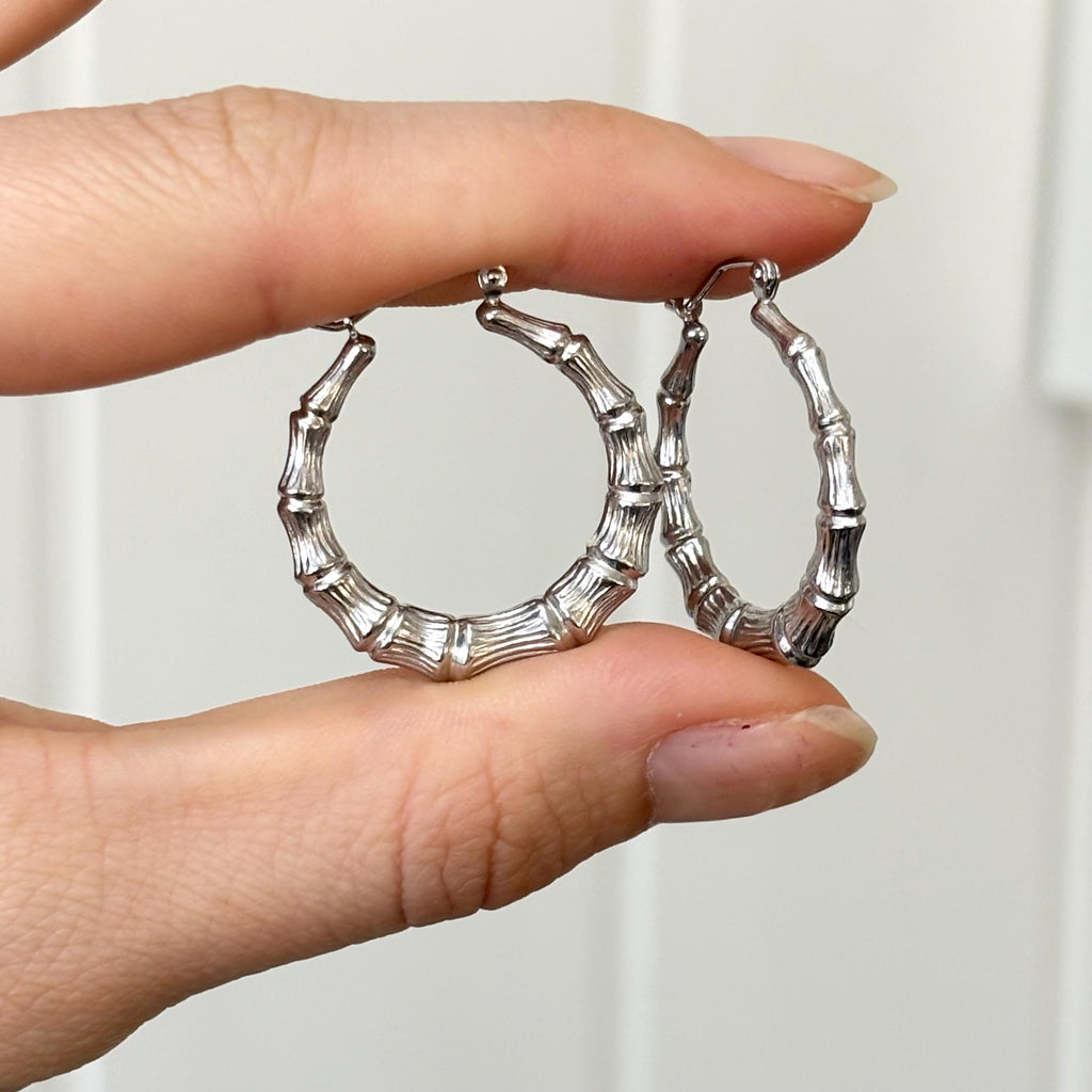 Sterling Silver Rhodium-plated Bamboo Round Hoop Earrings