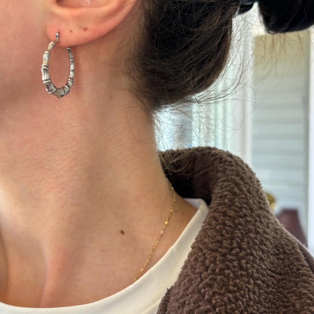 Sterling Silver Rhodium-plated Bamboo Round Hoop Earrings