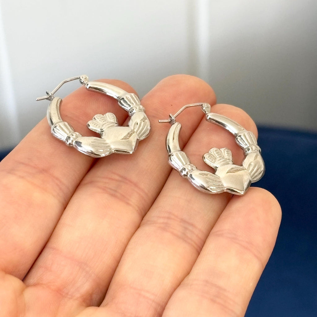 Sterling Silver Rhodium-plated Polished Claddagh Round Hoop Earrings