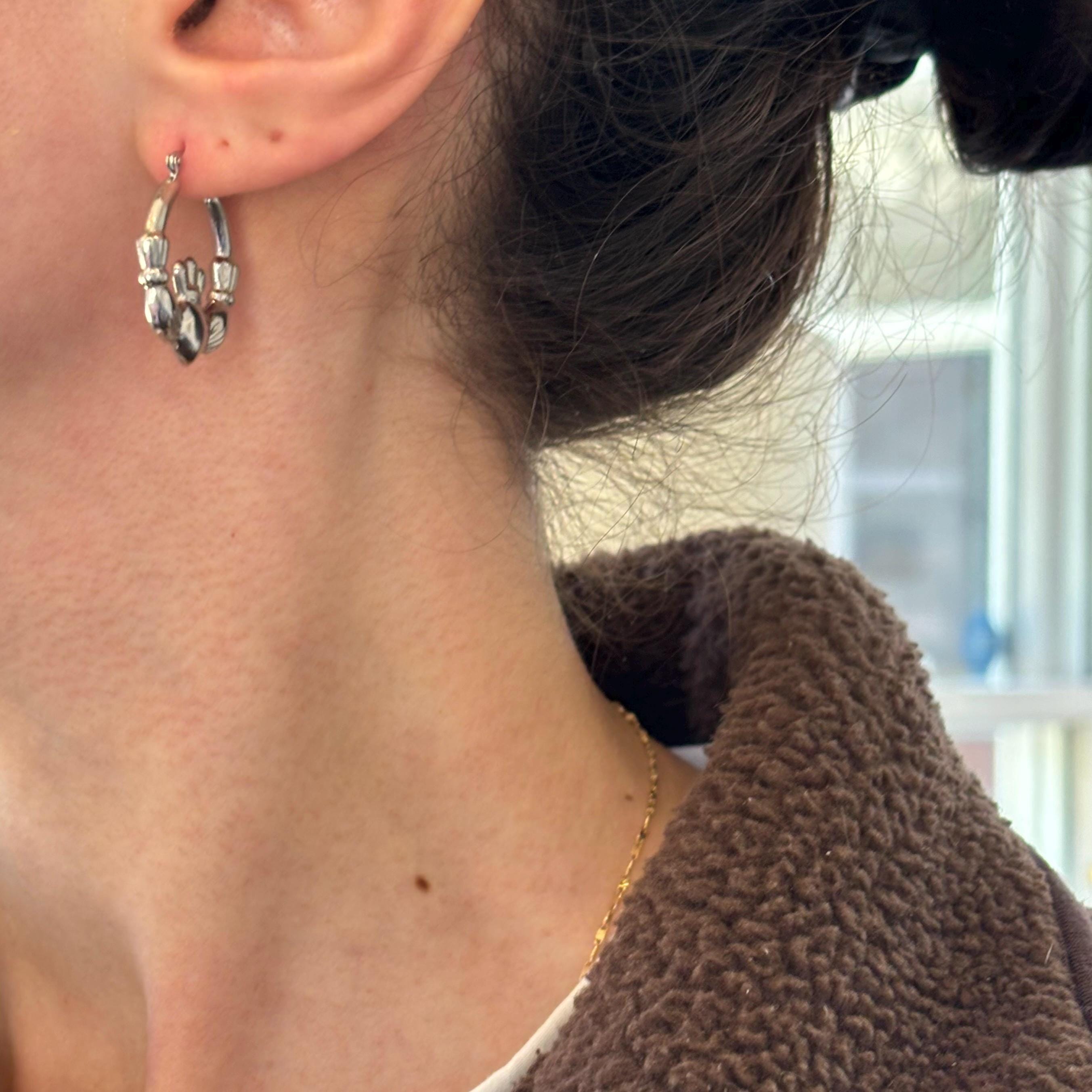 Sterling Silver Rhodium-plated Polished Claddagh Round Hoop Earrings