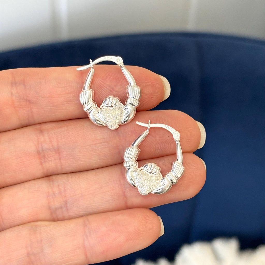 Sterling Silver Polished Textured Claddagh Hoop Earrings