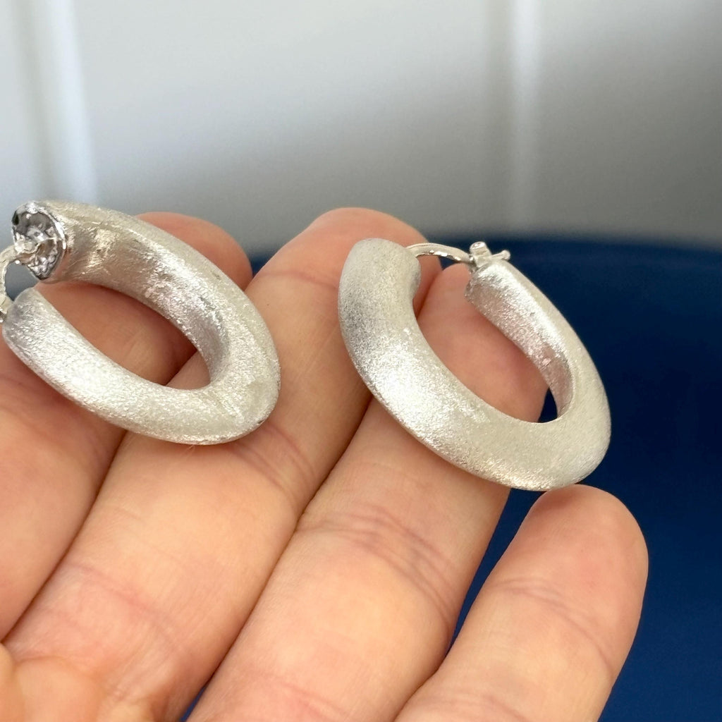Sterling Silver Brushed Knife-edge Hinged Post Hoop Earring