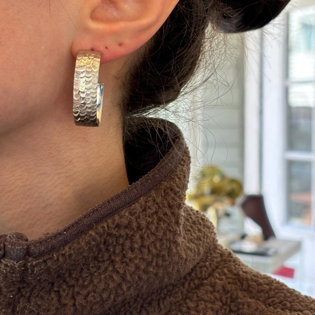 Sterling Silver Rhodium-plated Hammered Hinged  Hoop Earrings