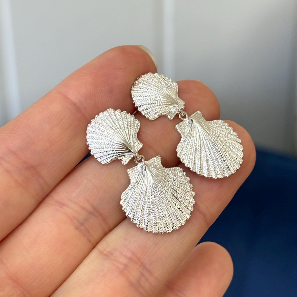 Sterling Silver Rhodium-plated Polished Double Shell Dangle Circle Earrings