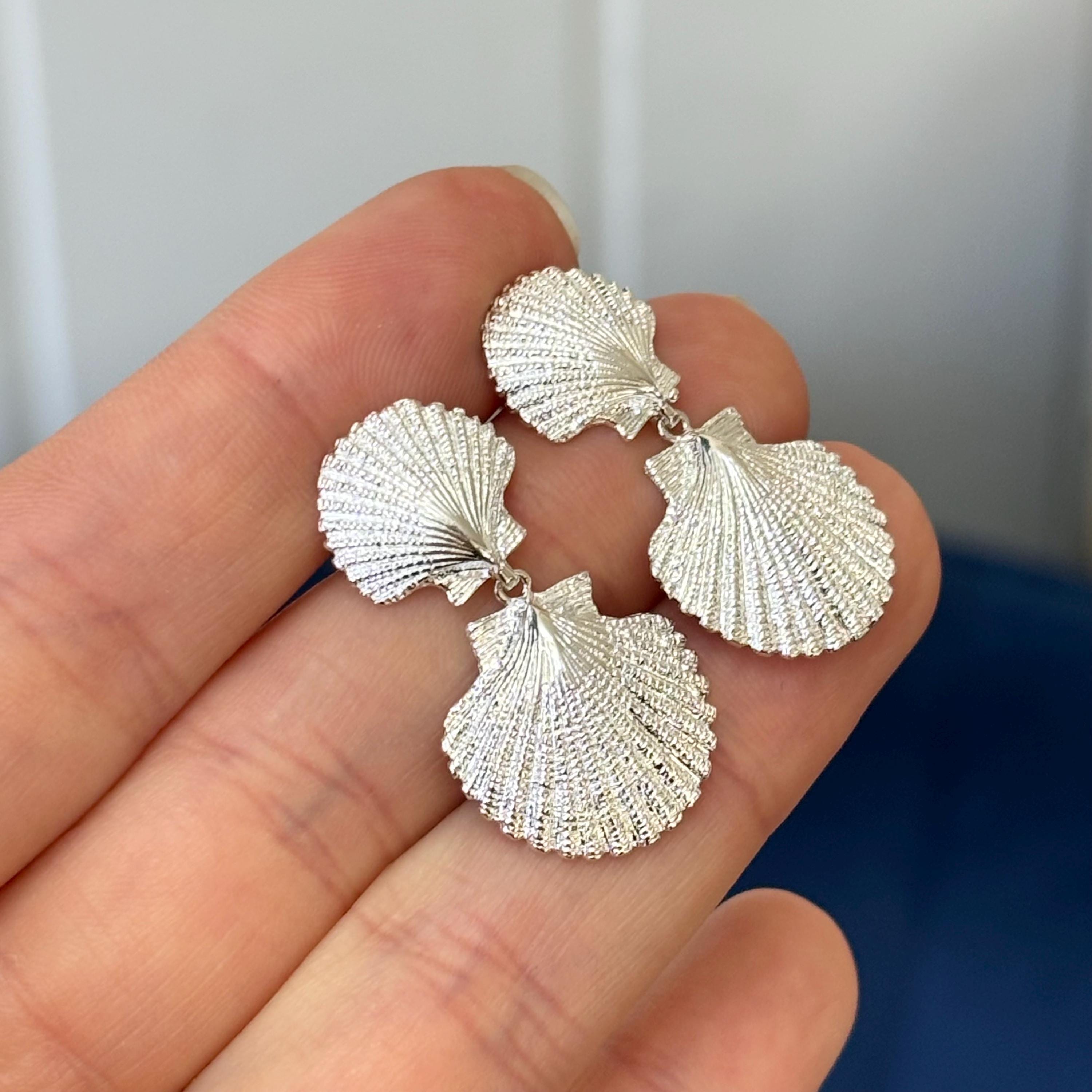 Sterling Silver Rhodium-plated Polished Double Shell Dangle Circle Earrings