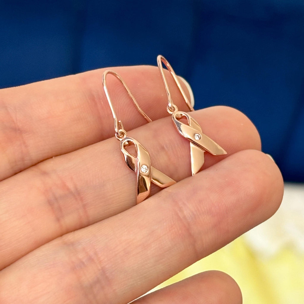 Sterling Silver Rose Gold-plated with CZ Awareness Ribbon French Wire Dangle Earrings