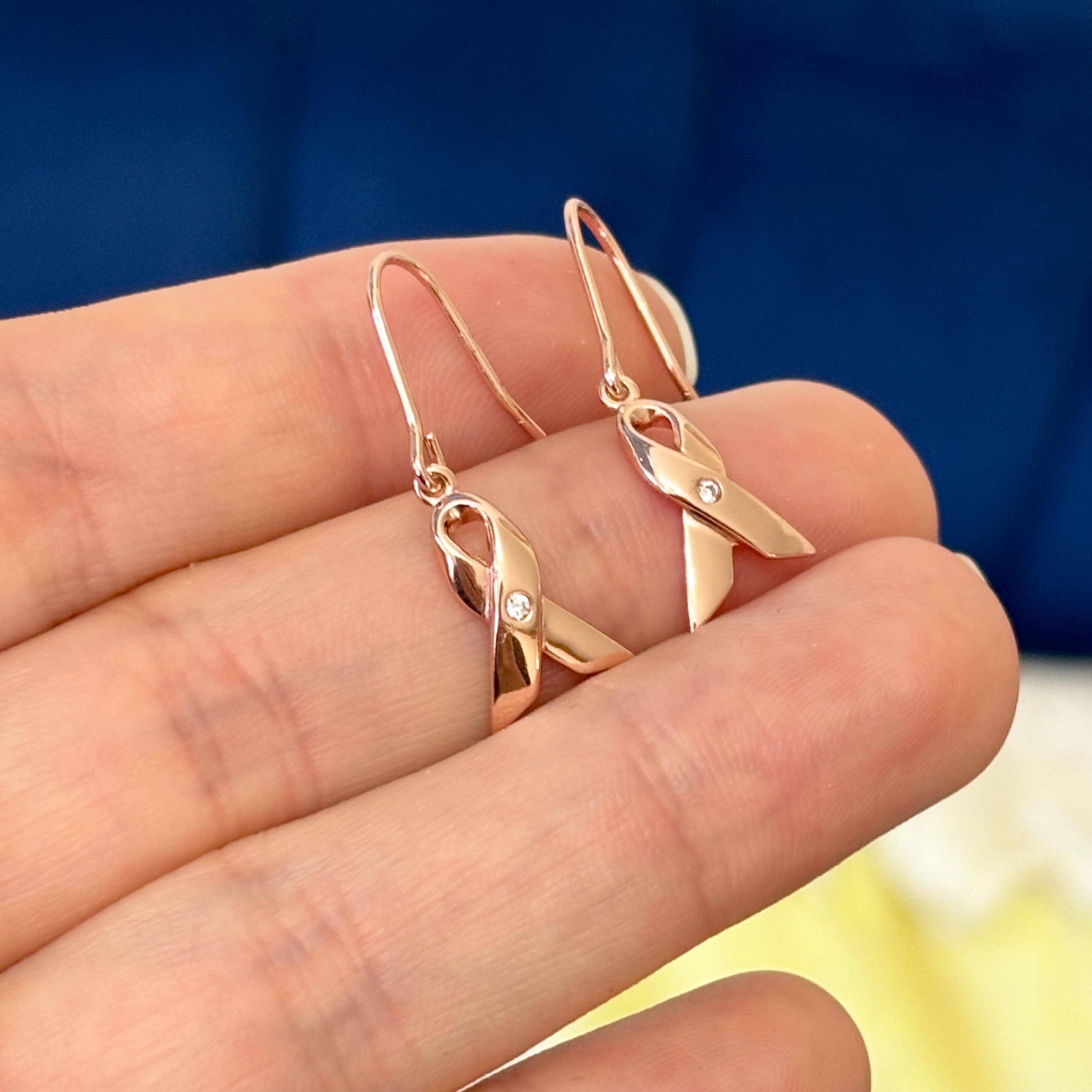 Sterling Silver Rose Gold-plated with CZ Awareness Ribbon French Wire Dangle Earrings