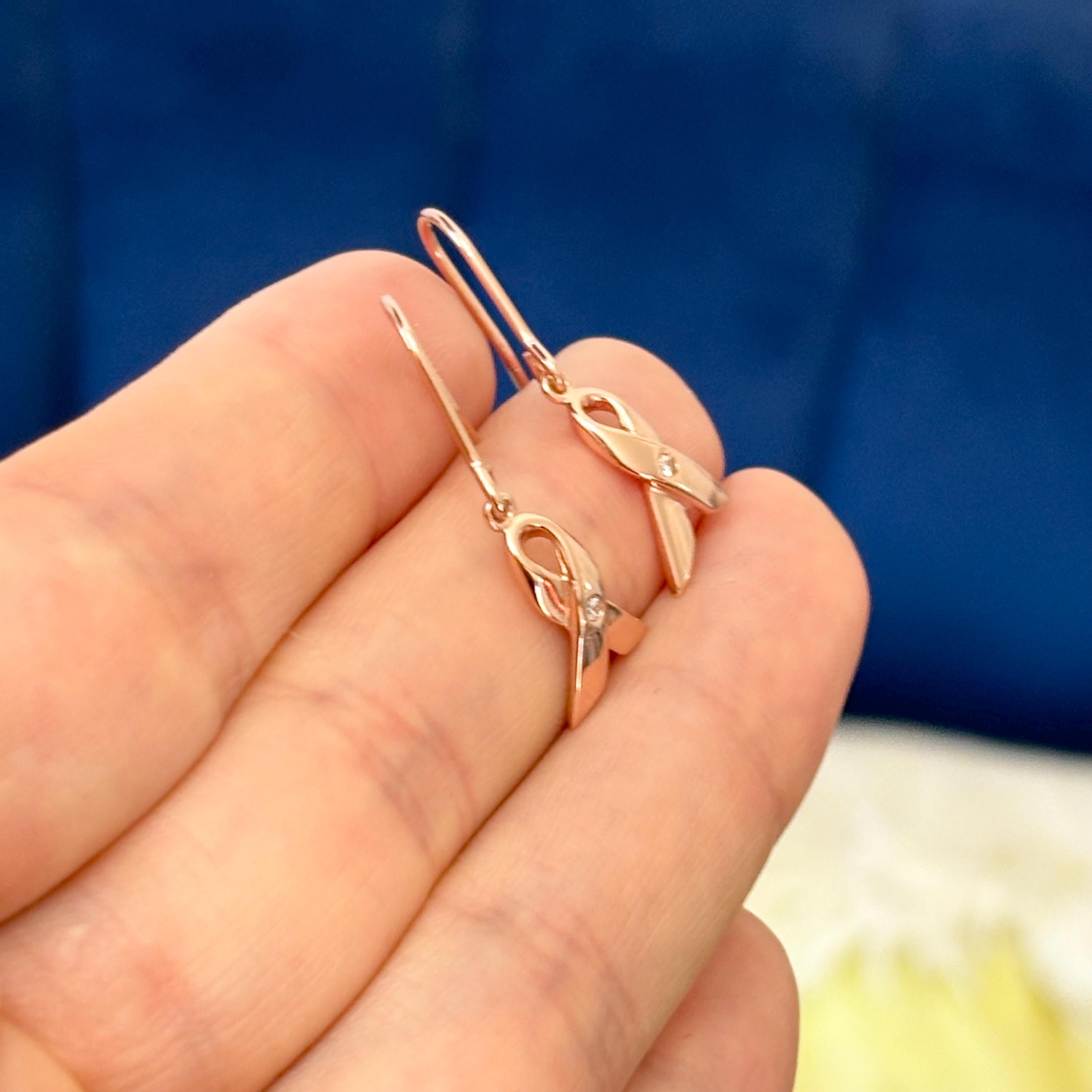 Sterling Silver Rose Gold-plated with CZ Awareness Ribbon French Wire Dangle Earrings