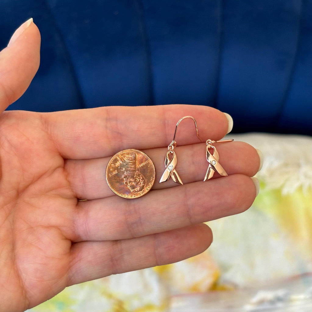 Sterling Silver Rose Gold-plated with CZ Awareness Ribbon French Wire Dangle Earrings