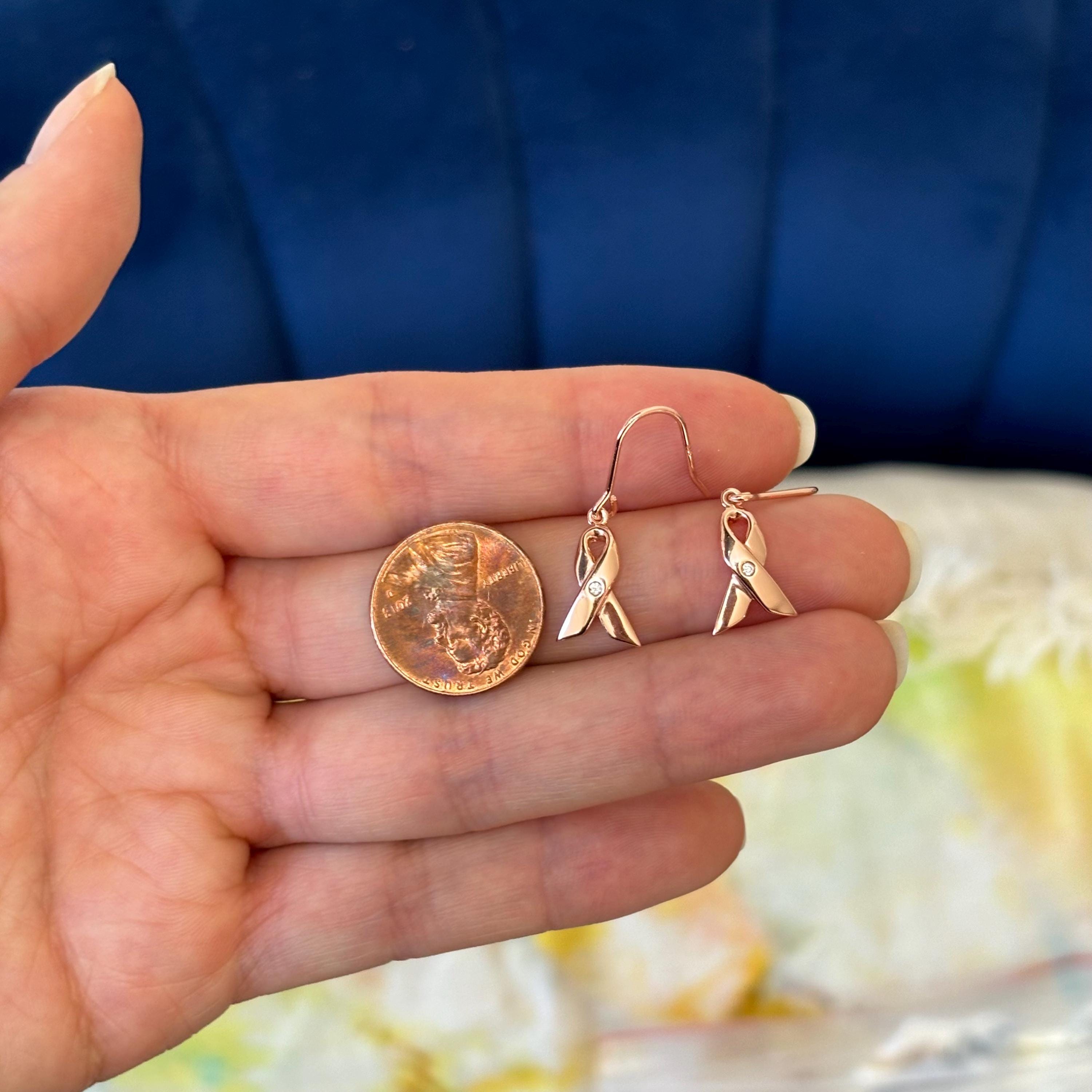 Sterling Silver Rose Gold-plated with CZ Awareness Ribbon French Wire Dangle Earrings