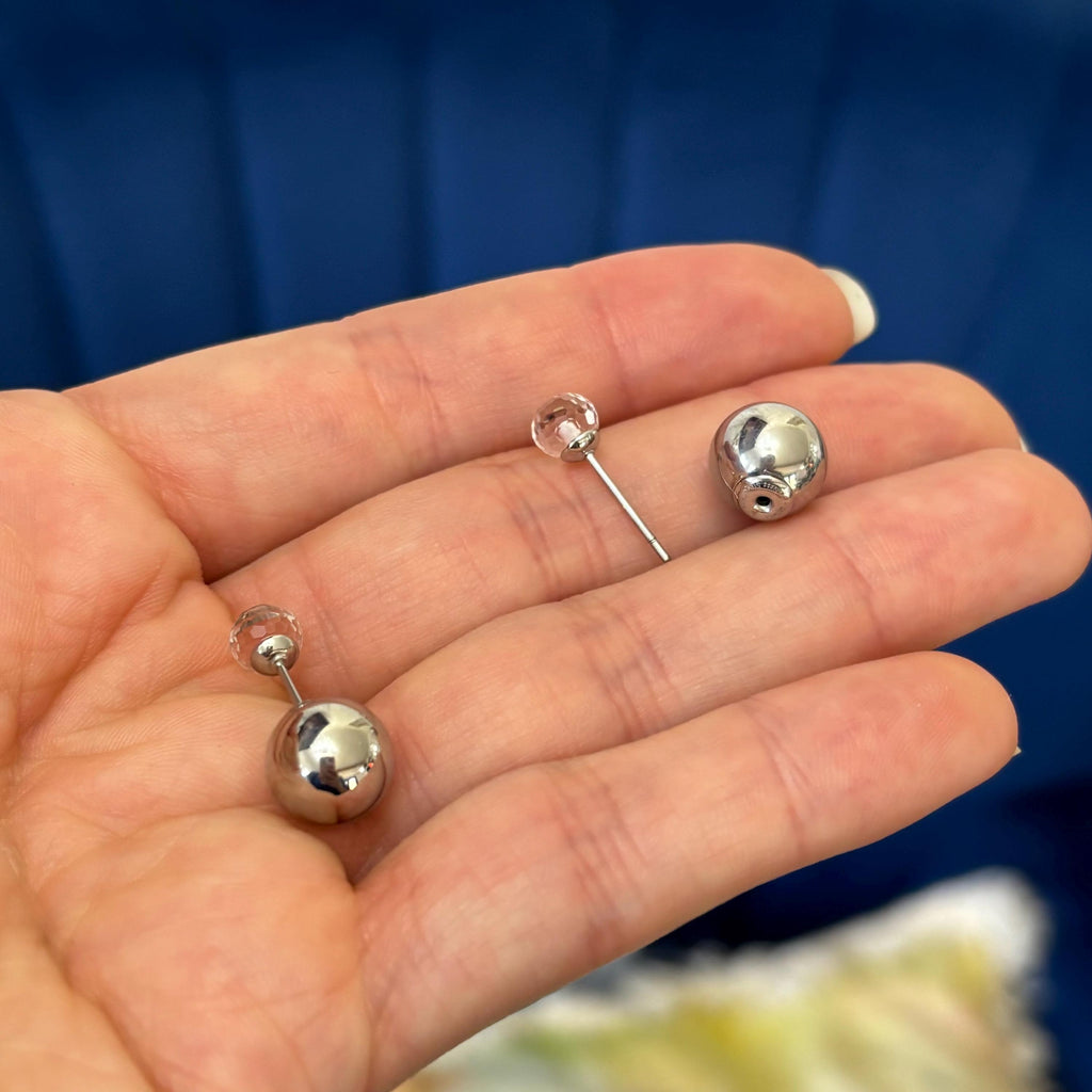 Stainless Steel Polished Ball with Clear Glass Reversible Ball Post Earrings