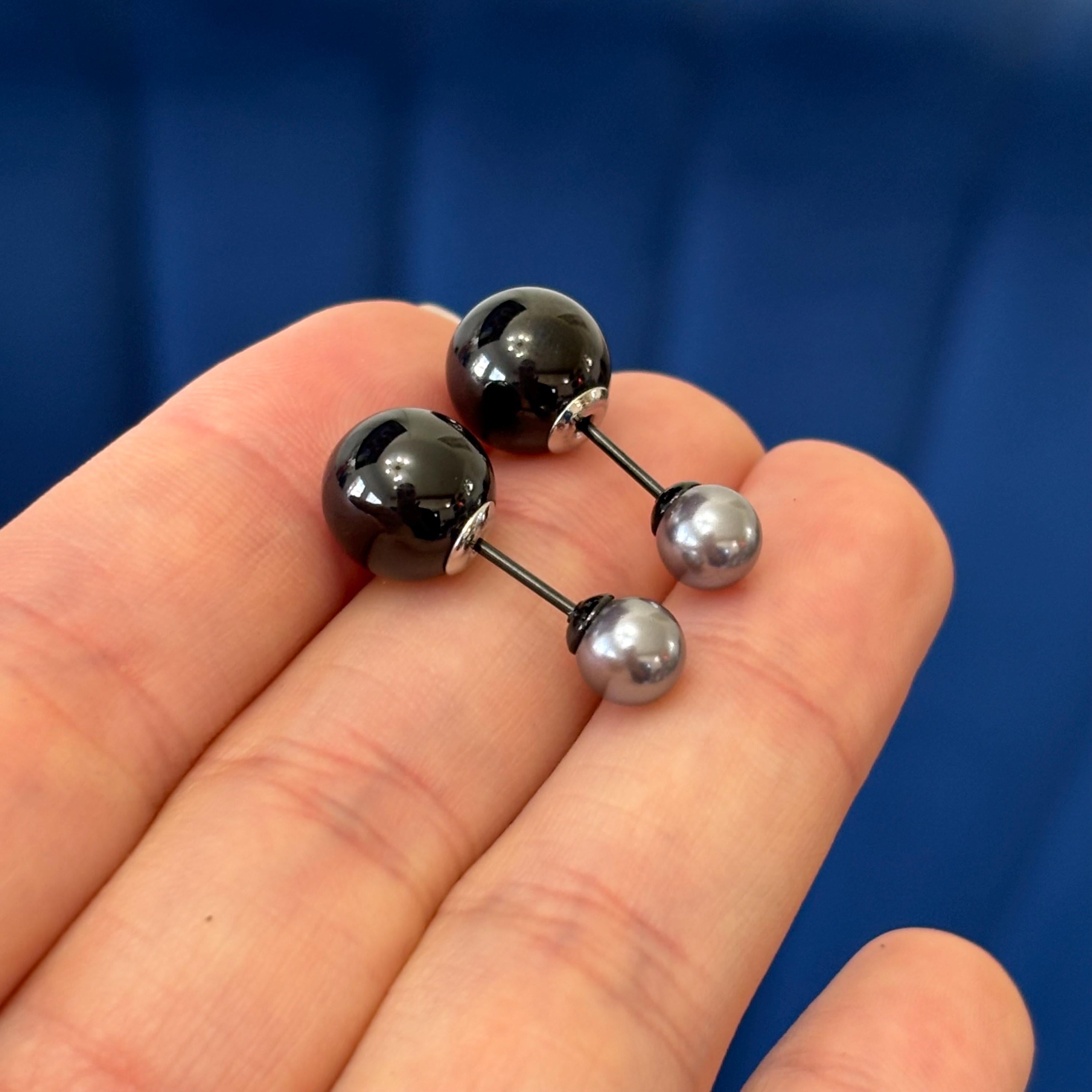 Stainless Steel Polished Black IP Ball with Faux Pearl Reversible Post Earrings