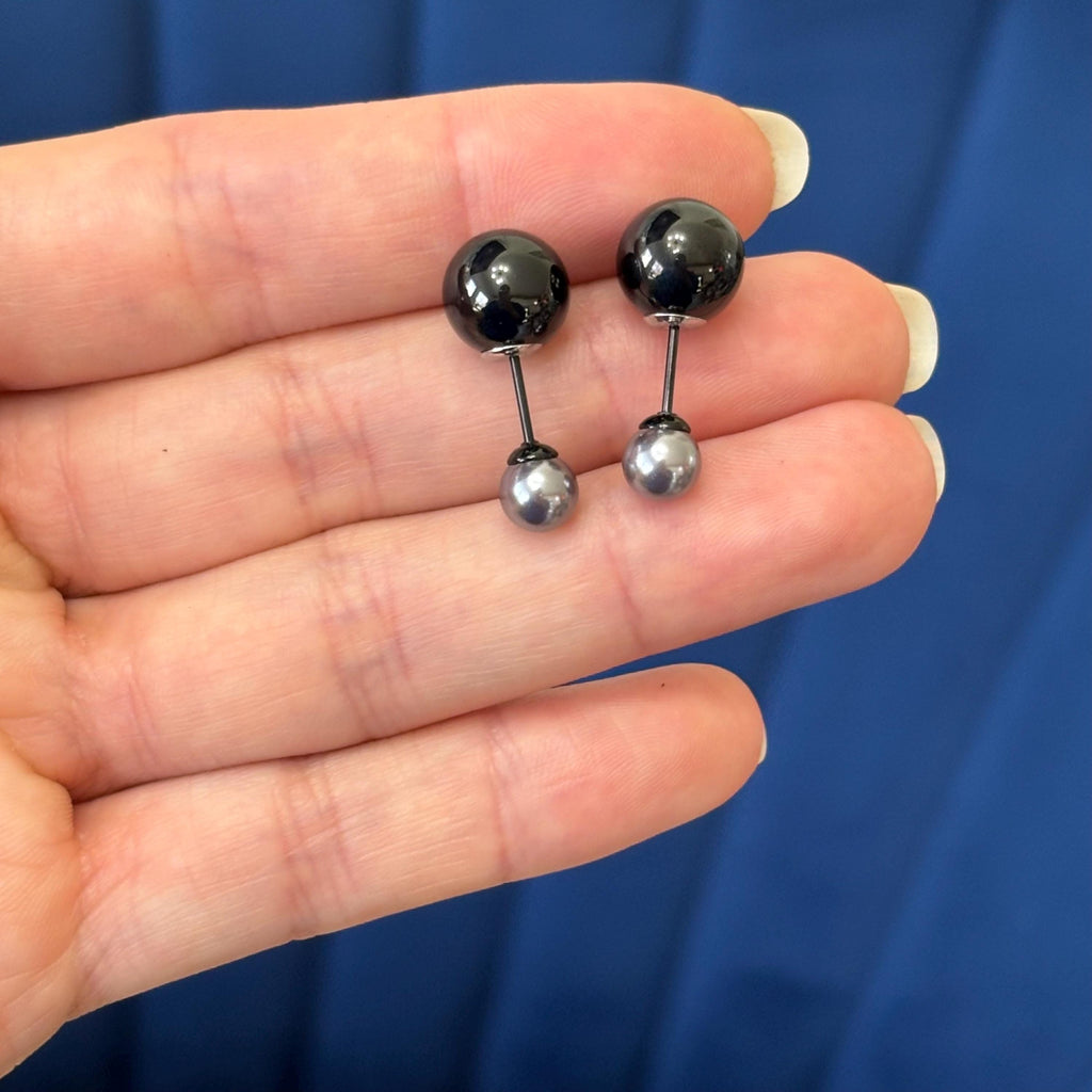 Stainless Steel Polished Black IP Ball with Faux Pearl Reversible Post Earrings