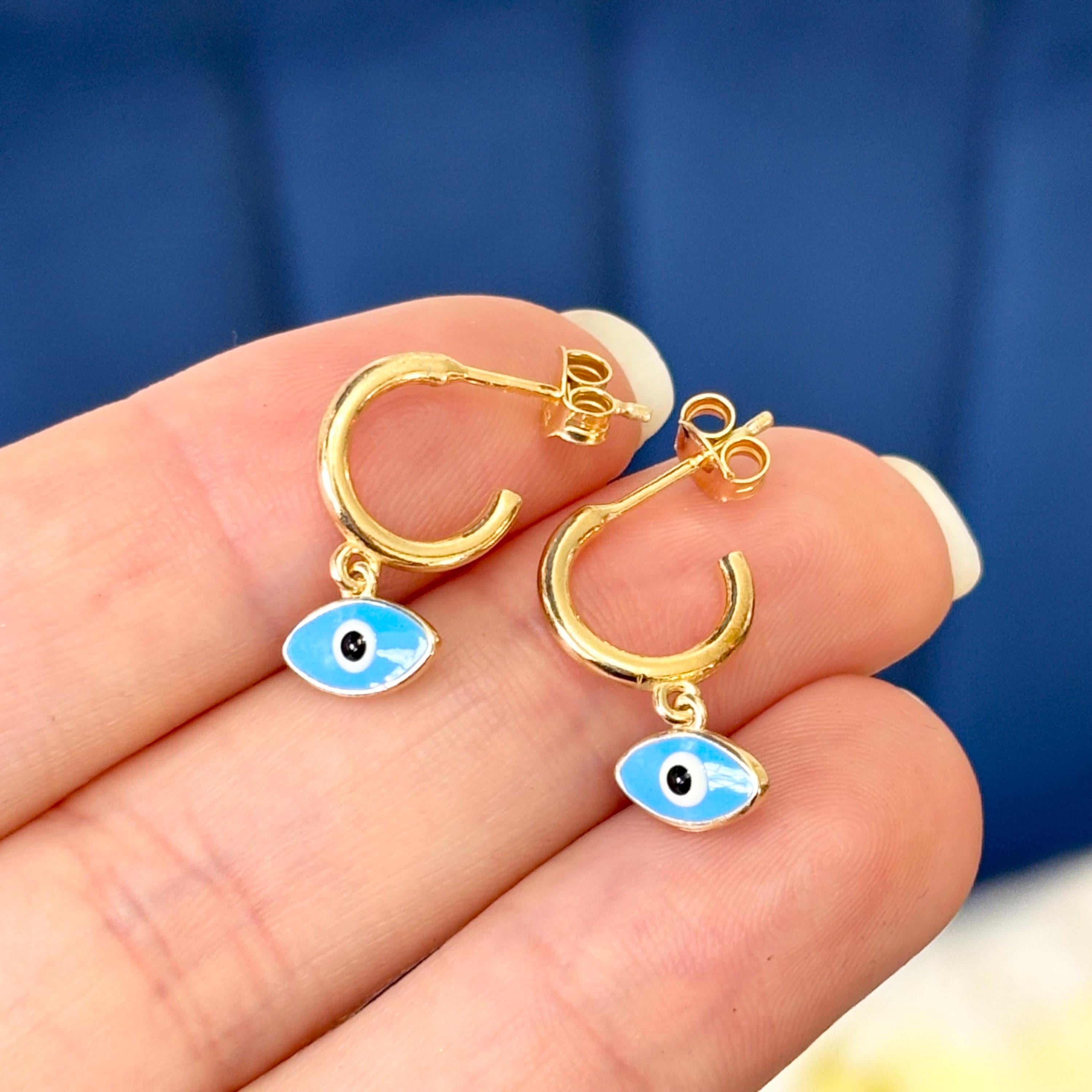 Sterling Silver Gold-plated Blue and Black Enameled Evil Eye Protection Hoop Earrings