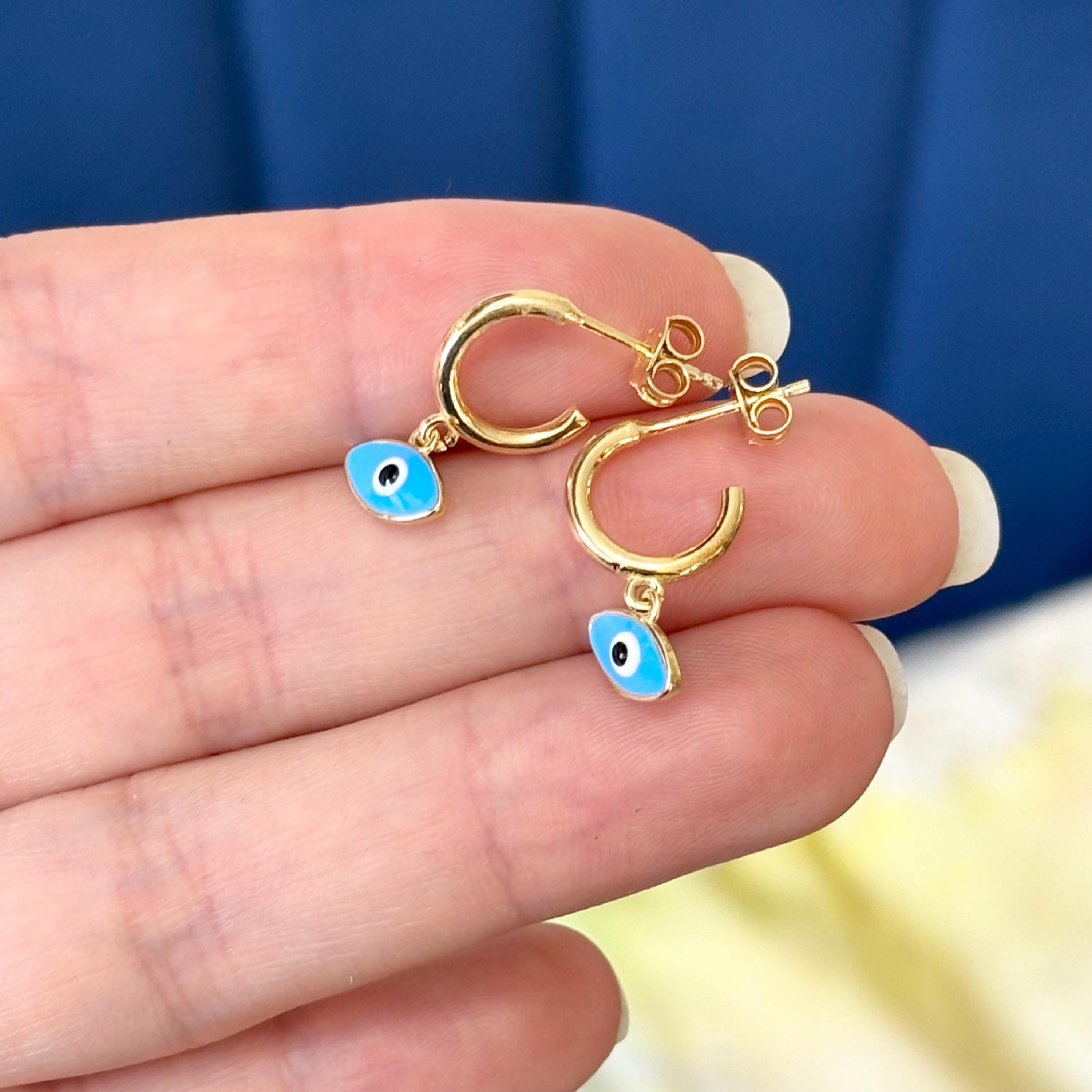 Sterling Silver Gold-plated Blue and Black Enameled Evil Eye Protection Hoop Earrings