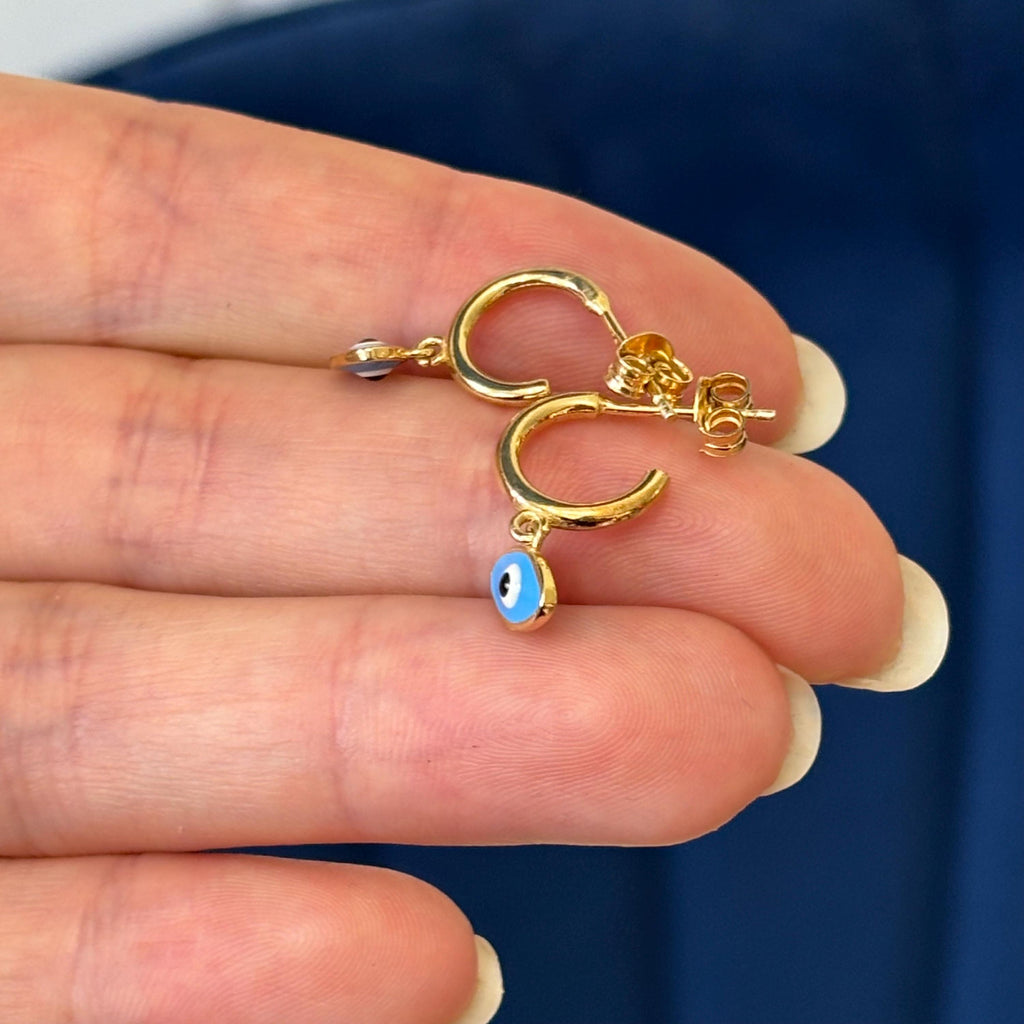 Sterling Silver Gold-plated Blue and Black Enameled Evil Eye Protection Hoop Earrings
