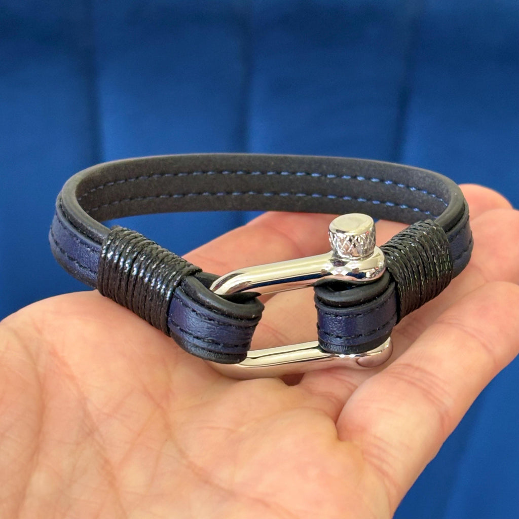 Stainless Steel Black and Blue Leather Shackle Bracelet