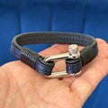 Stainless Steel Black and Blue Leather Shackle Bracelet