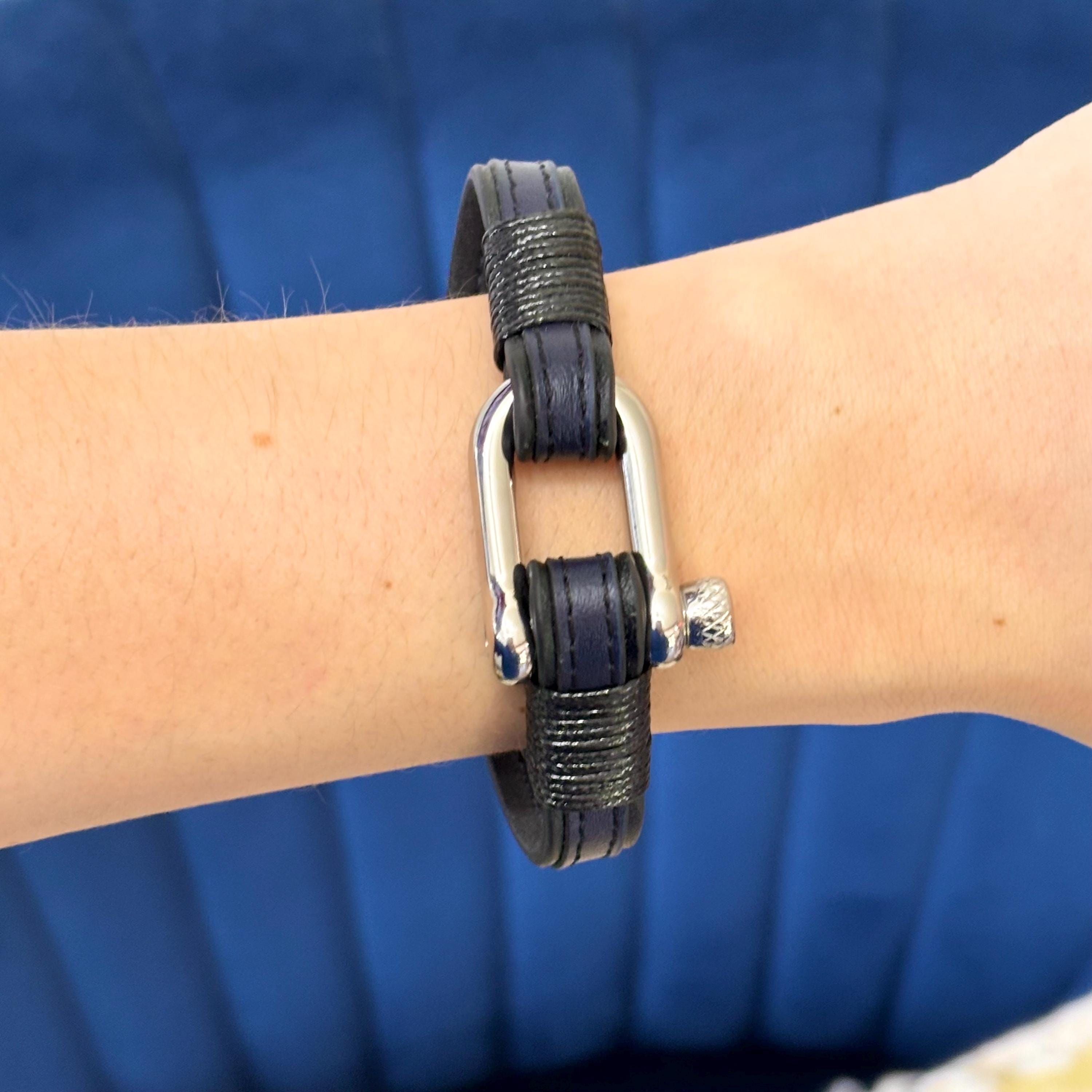 Stainless Steel Black and Blue Leather Shackle Bracelet