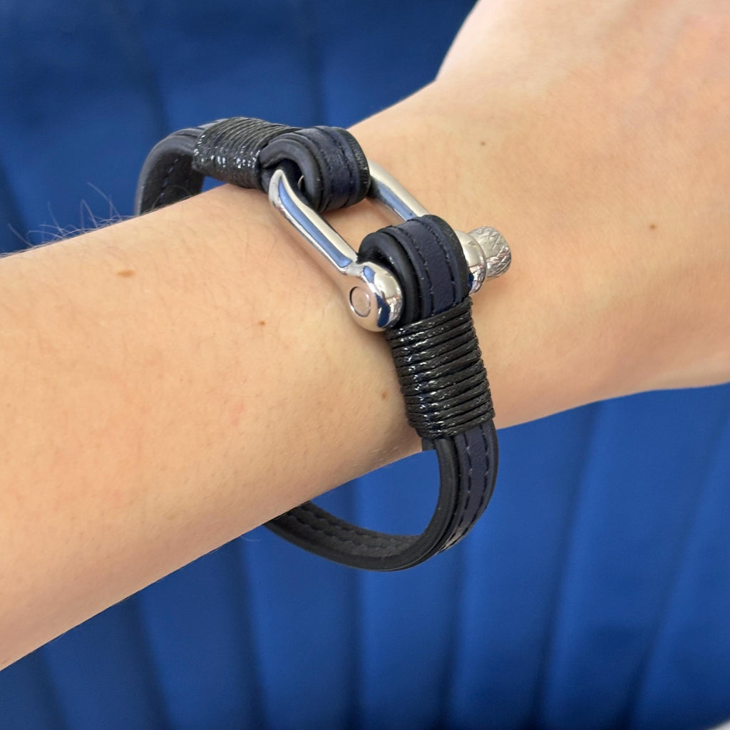 Stainless Steel Black and Blue Leather Shackle Bracelet