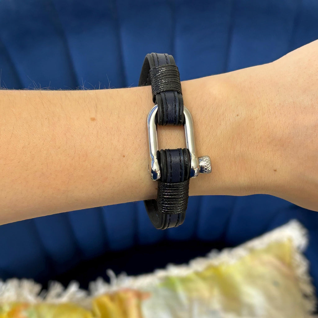 Stainless Steel Black and Blue Leather Shackle Bracelet