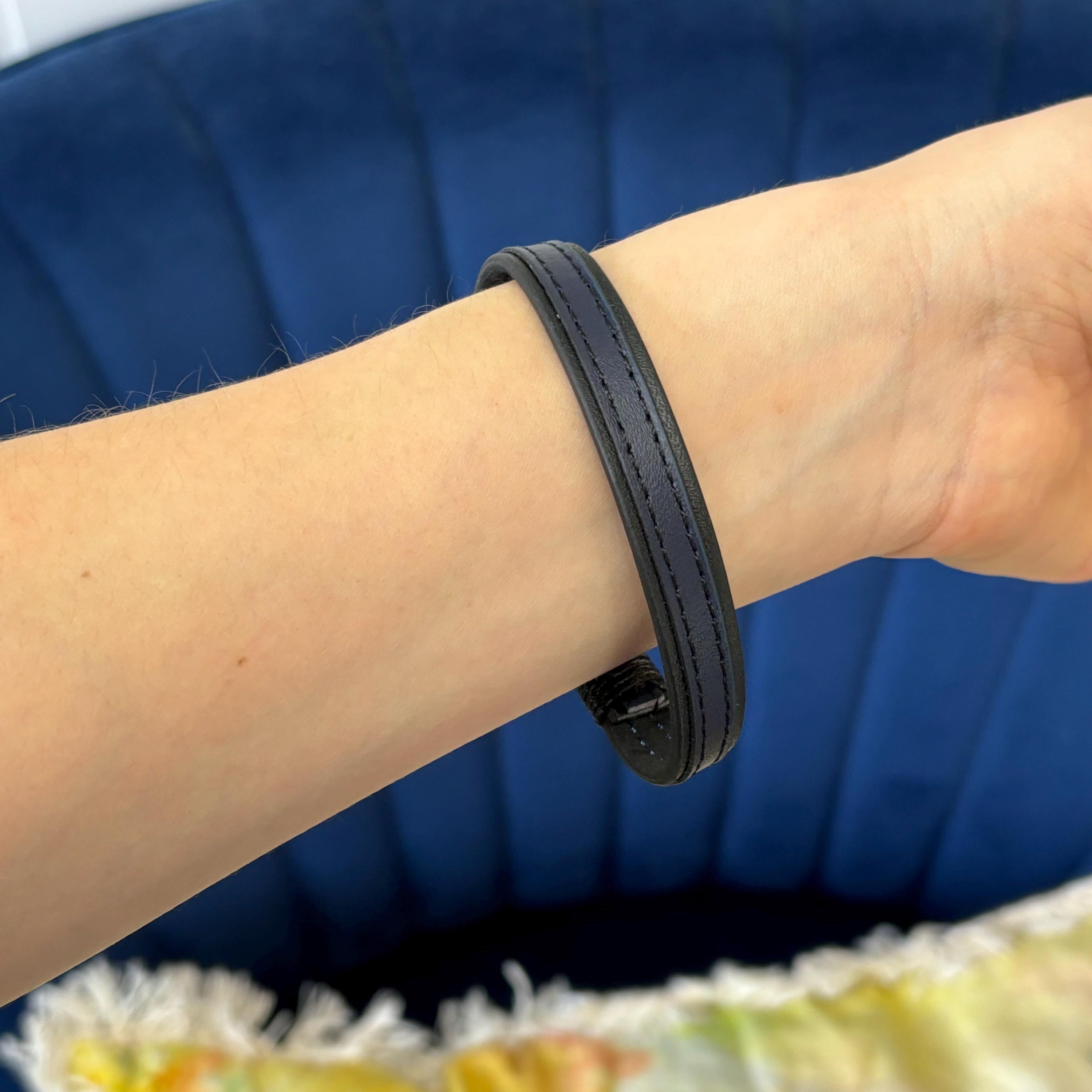 Stainless Steel Black and Blue Leather Shackle Bracelet