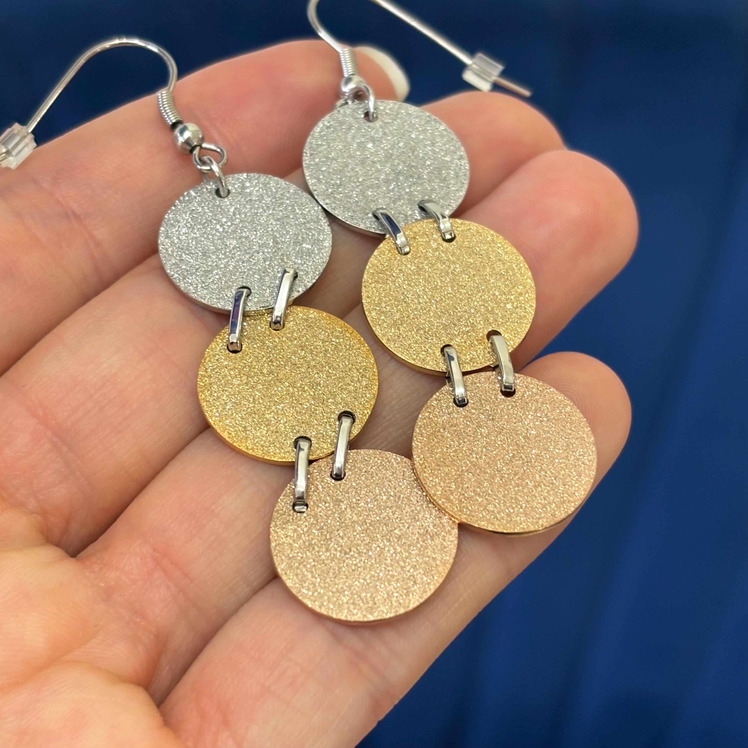 Stainless Steel Tri-color  Rose, Yellow and Silver-tone Satin Disc Large Dangle Earrings