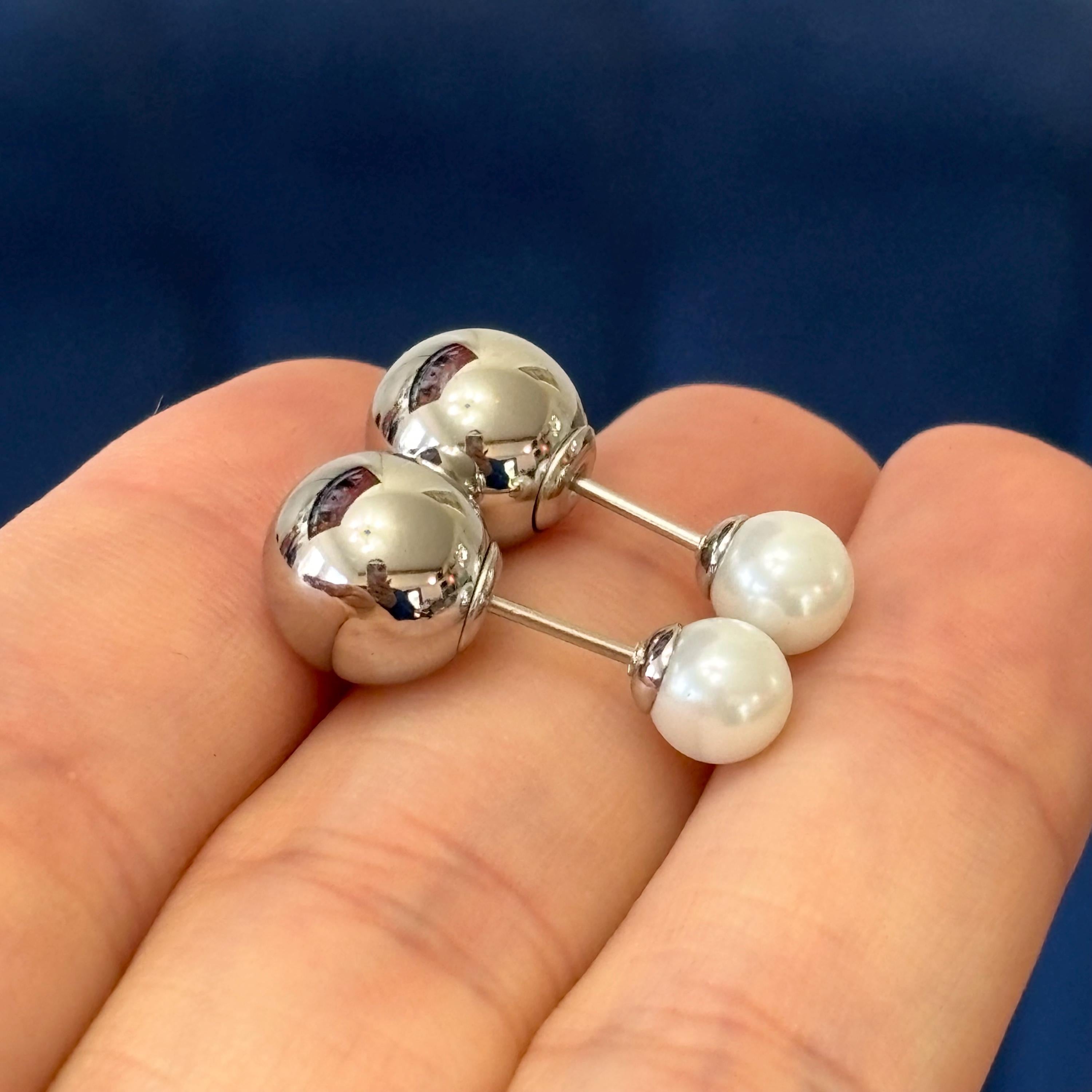 Stainless Steel Polished Ball with Faux Pearl Reversible Post Earrings