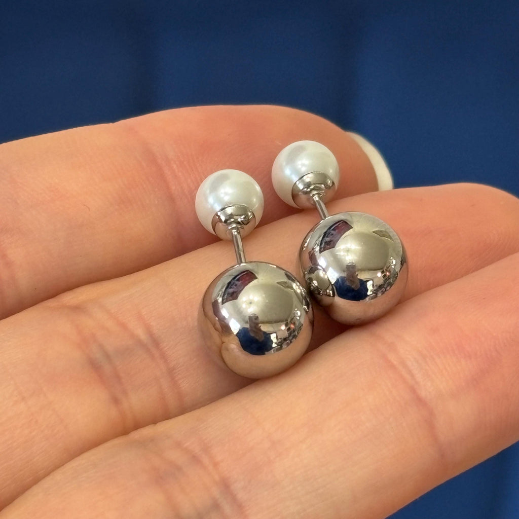 Stainless Steel Polished Ball with Faux Pearl Reversible Post Earrings