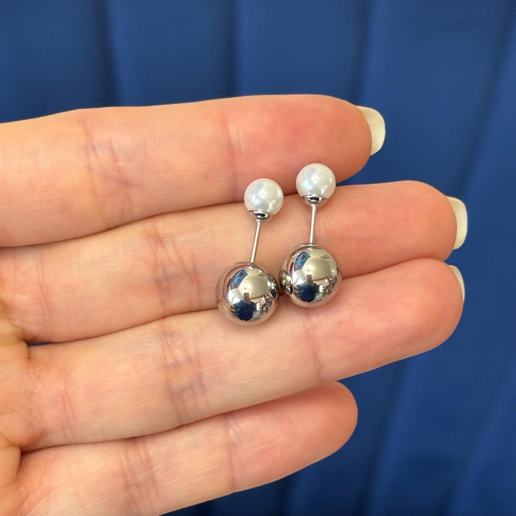 Stainless Steel Polished Ball with Faux Pearl Reversible Post Earrings