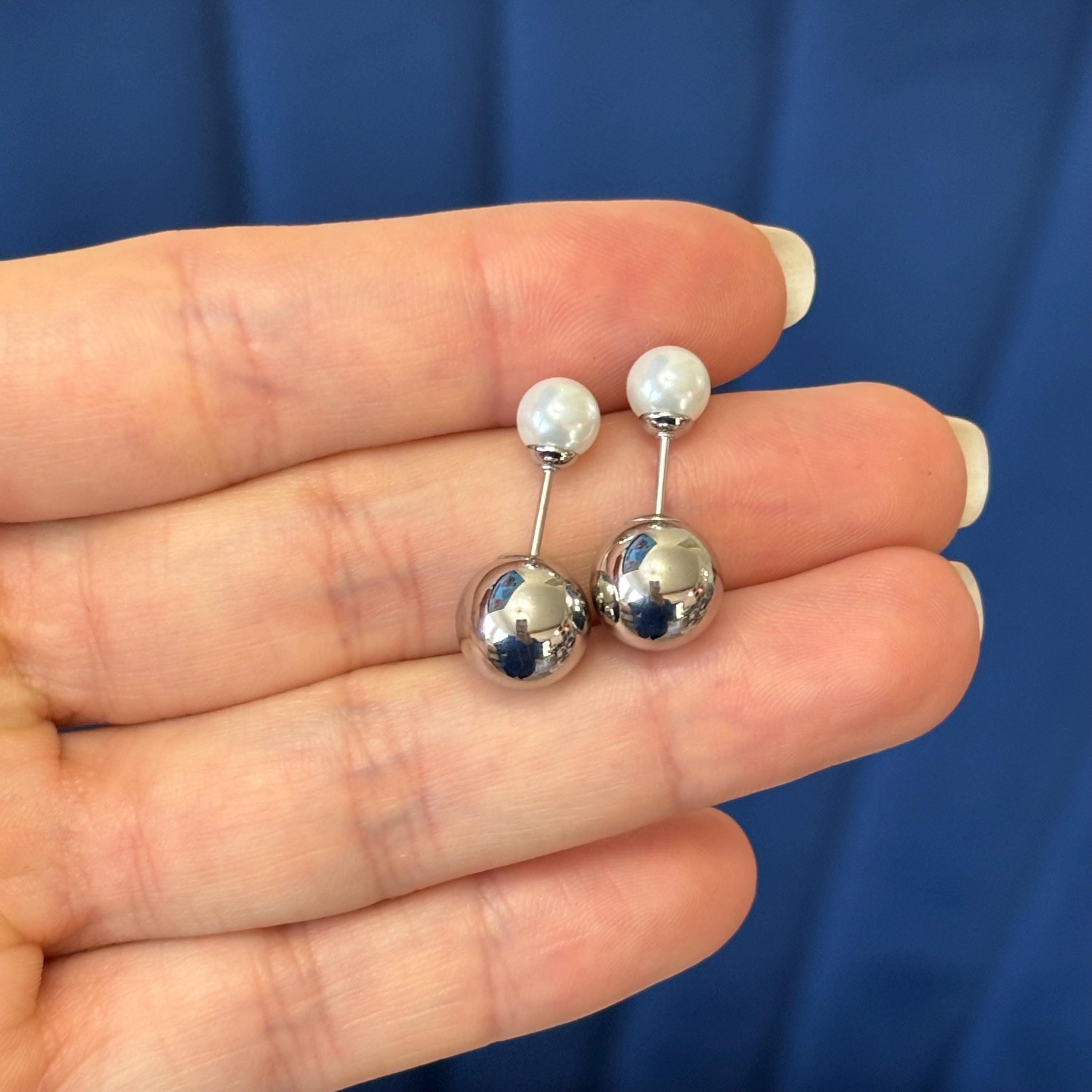 Stainless Steel Polished Ball with Faux Pearl Reversible Post Earrings