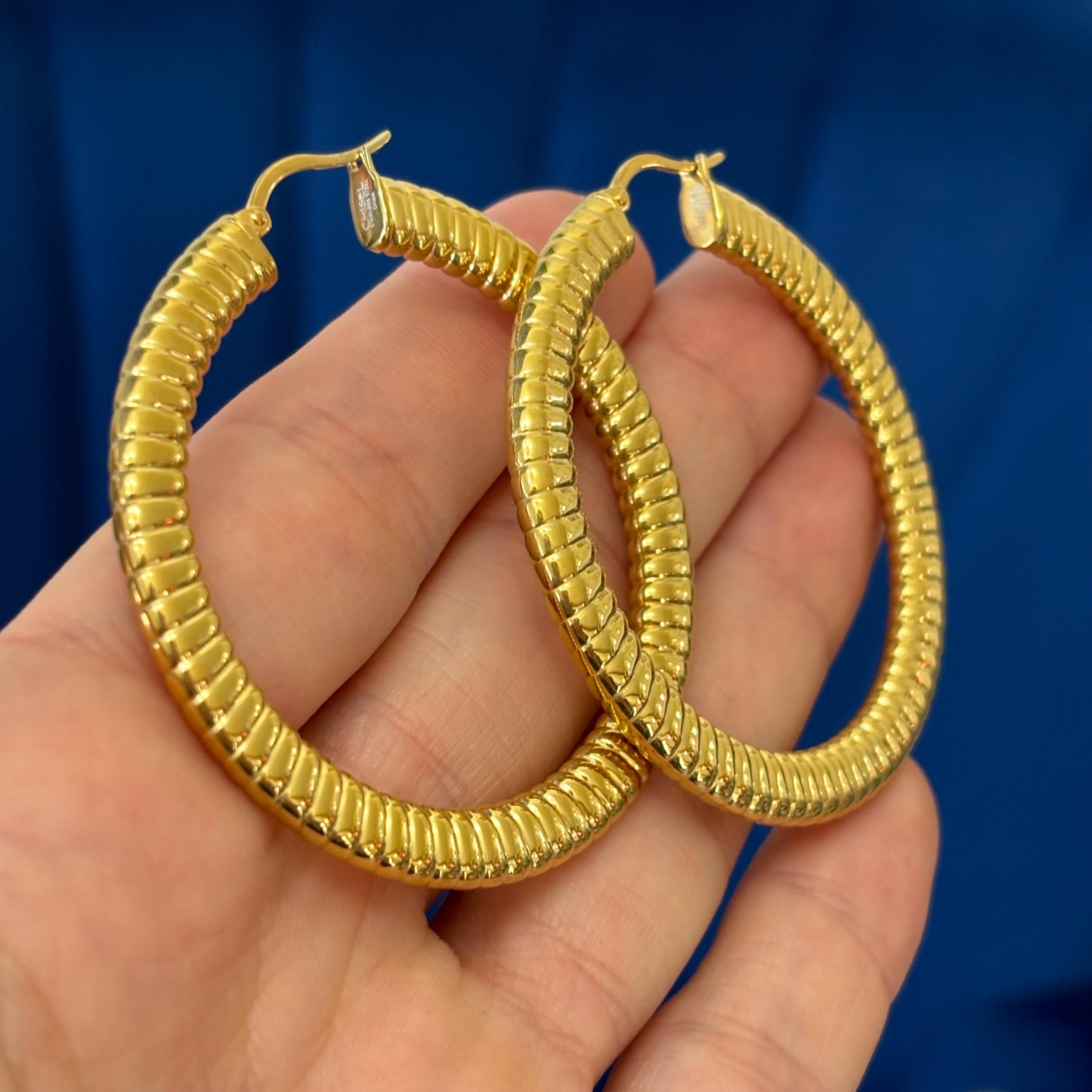 Stainless Steel Yellow IP-plated Textured Hollow Hoop Earrings