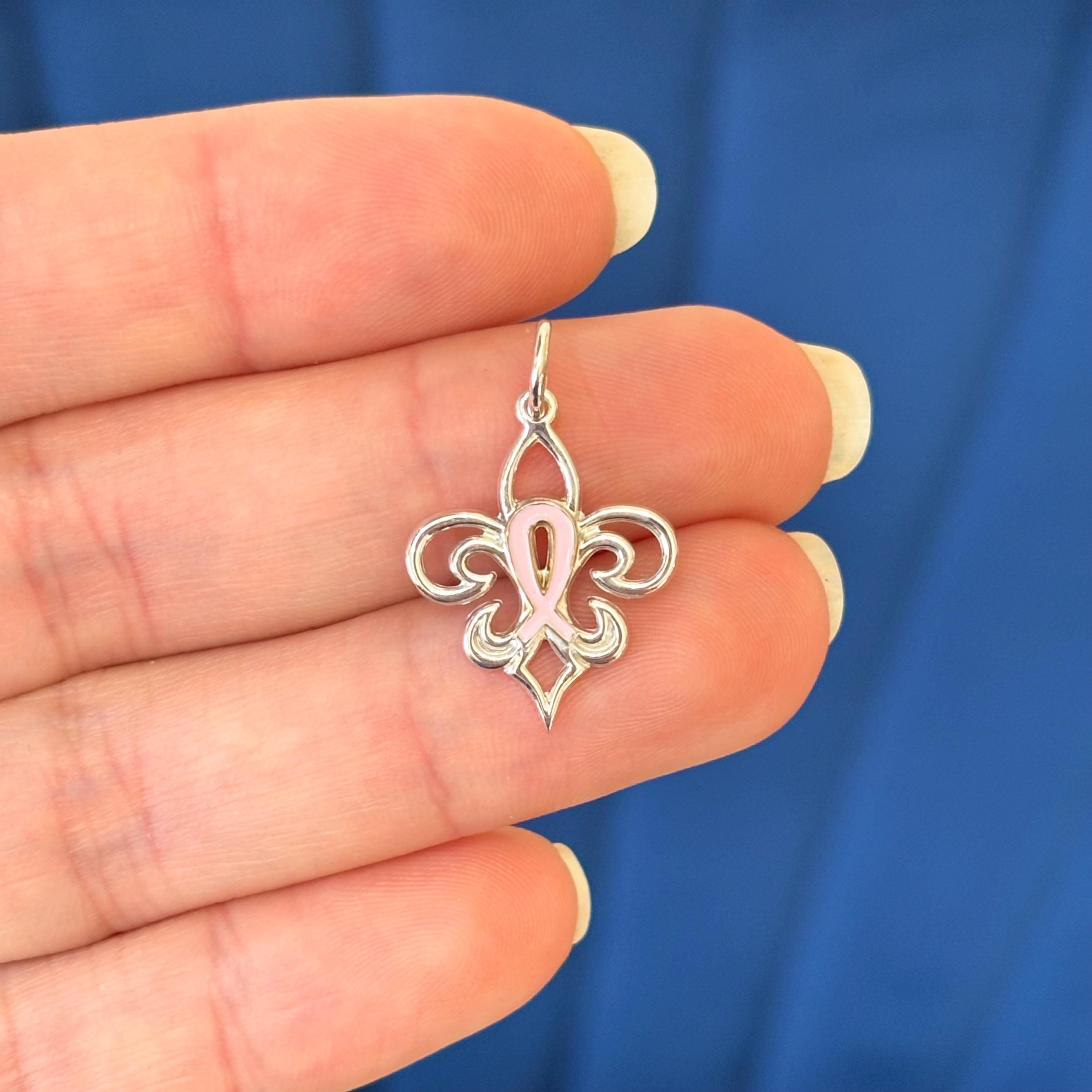 Sterling Silver Fleur De Lis Pink Ribbon Pendant