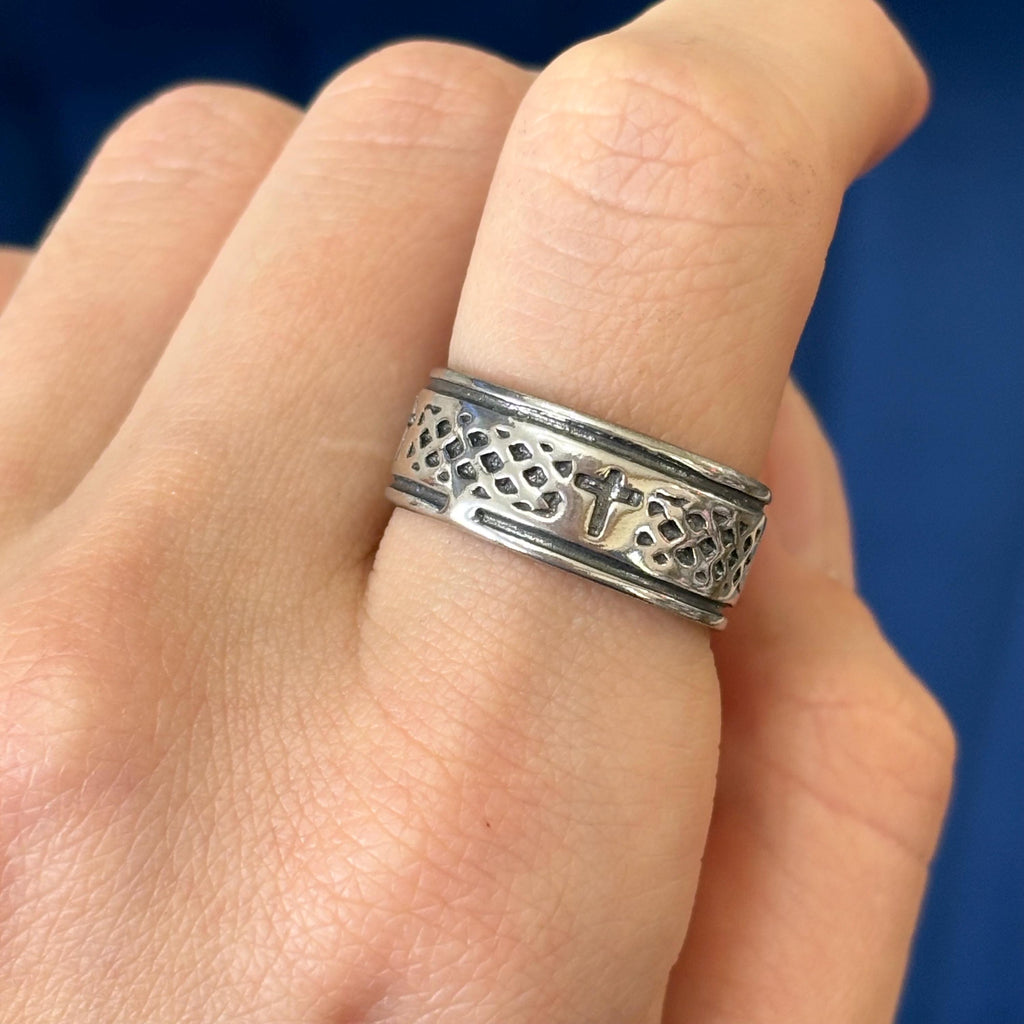 Sterling Silver Antiqued Cross and Weave Design Ring