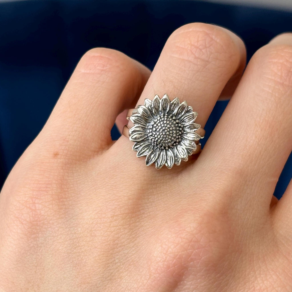Sterling Silver Sunflower Ring Split-Shank Oxidized Size 7
