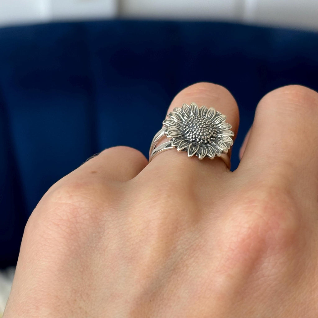 Sterling Silver Sunflower Ring Split-Shank Oxidized Size 7
