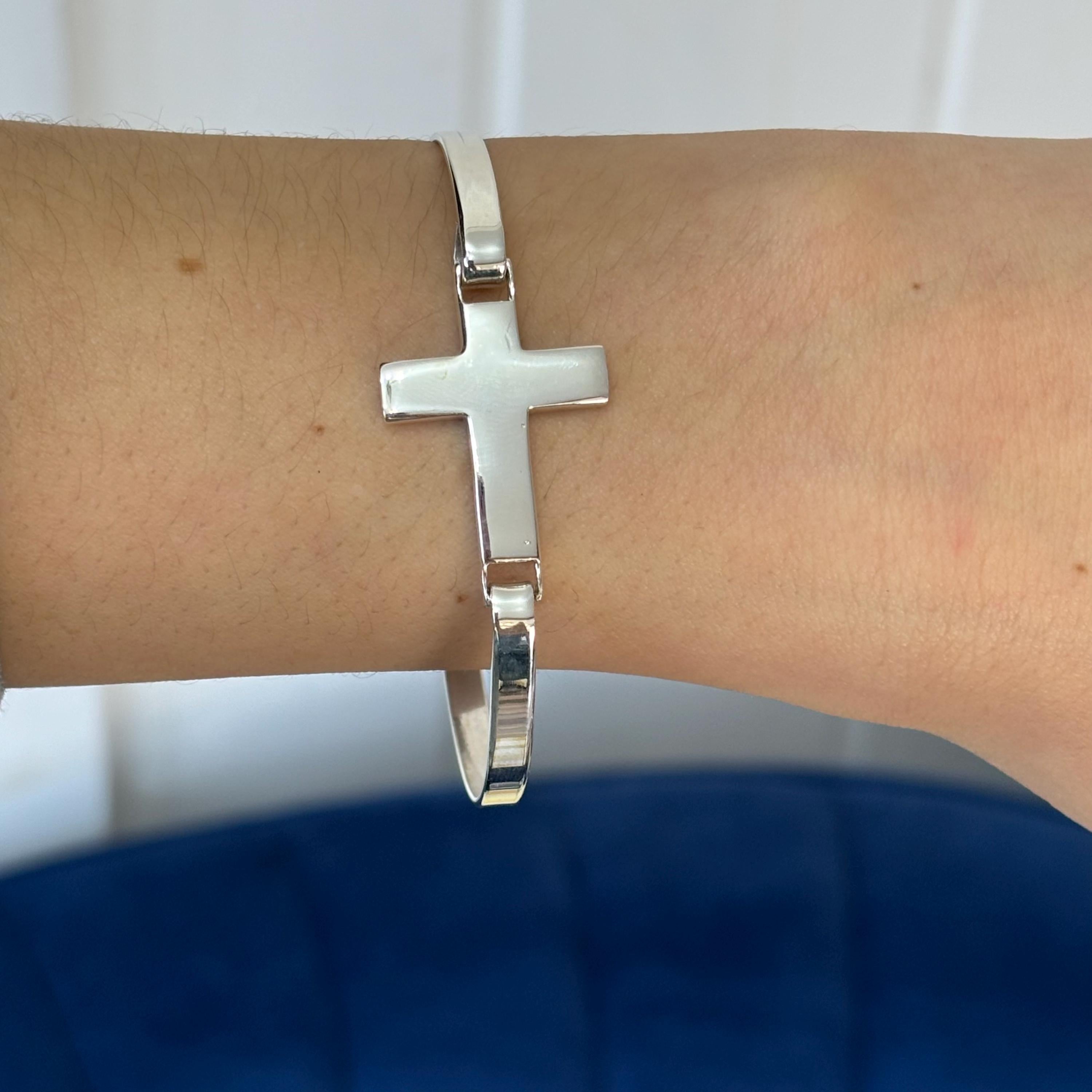 Sterling Silver Polished Cross Bangle Bracelet