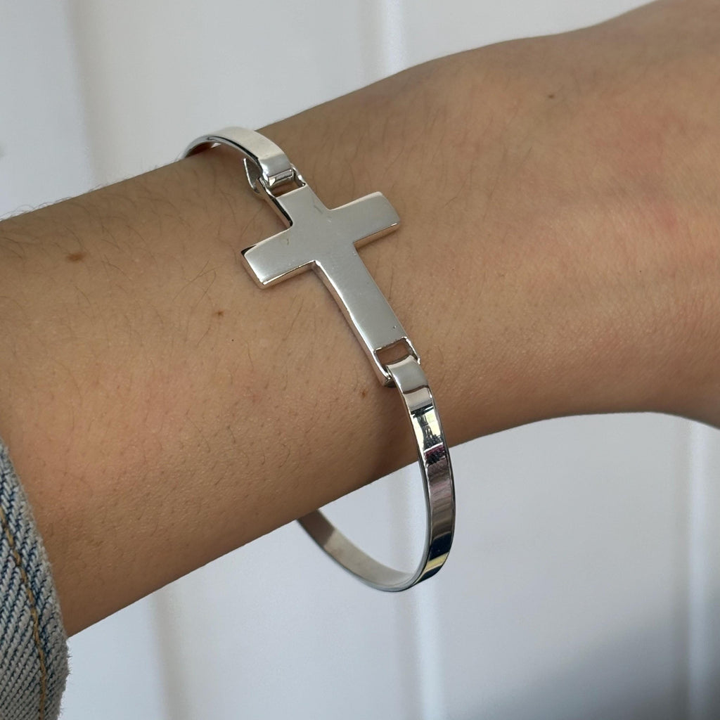 Sterling Silver Polished Cross Bangle Bracelet